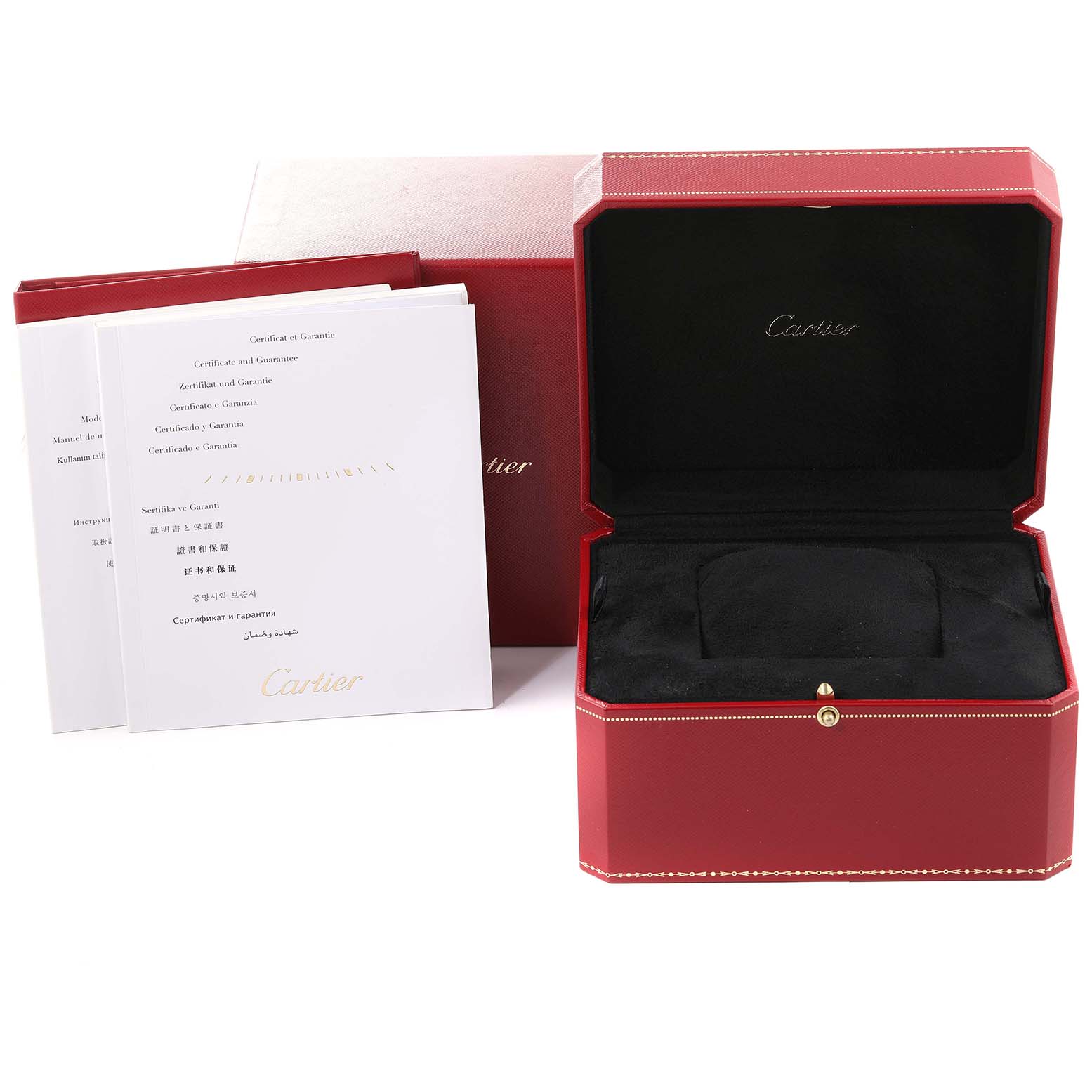 This image shows the open box, manual, and warranty certificates for a Cartier Rotonde W1556368 Men's Stainless Steel Silver Dial W1556368 Men's Stainless Steel Silver Dial watch.