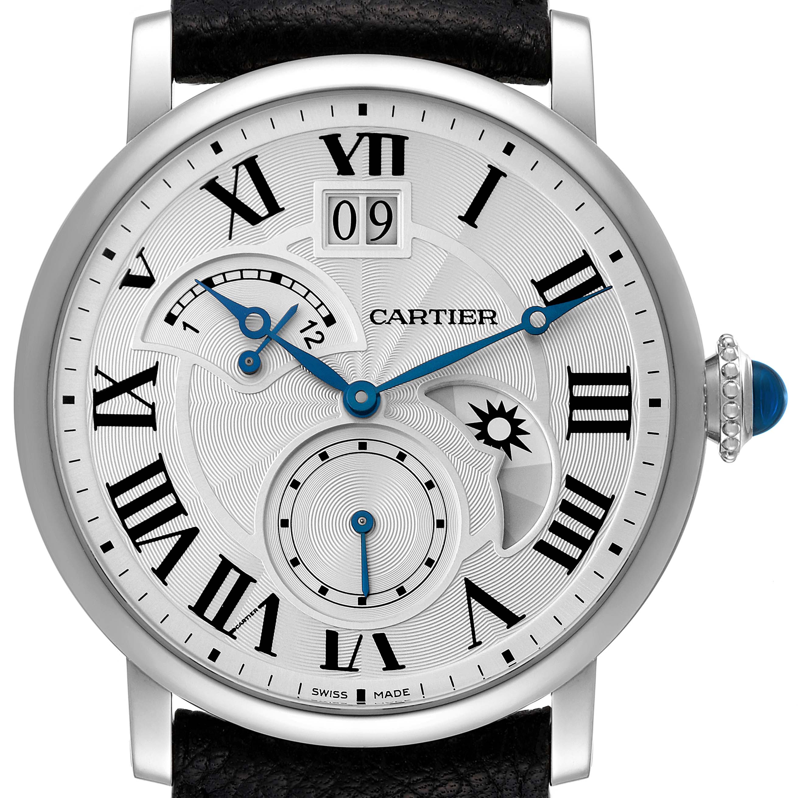 The image shows a close-up, front view of the Cartier Rotonde W1556368 Men's Stainless Steel Silver Dial W1556368 Men's Stainless Steel Silver Dial watch, highlighting its dial, blue hands, and Roman numeral indices.