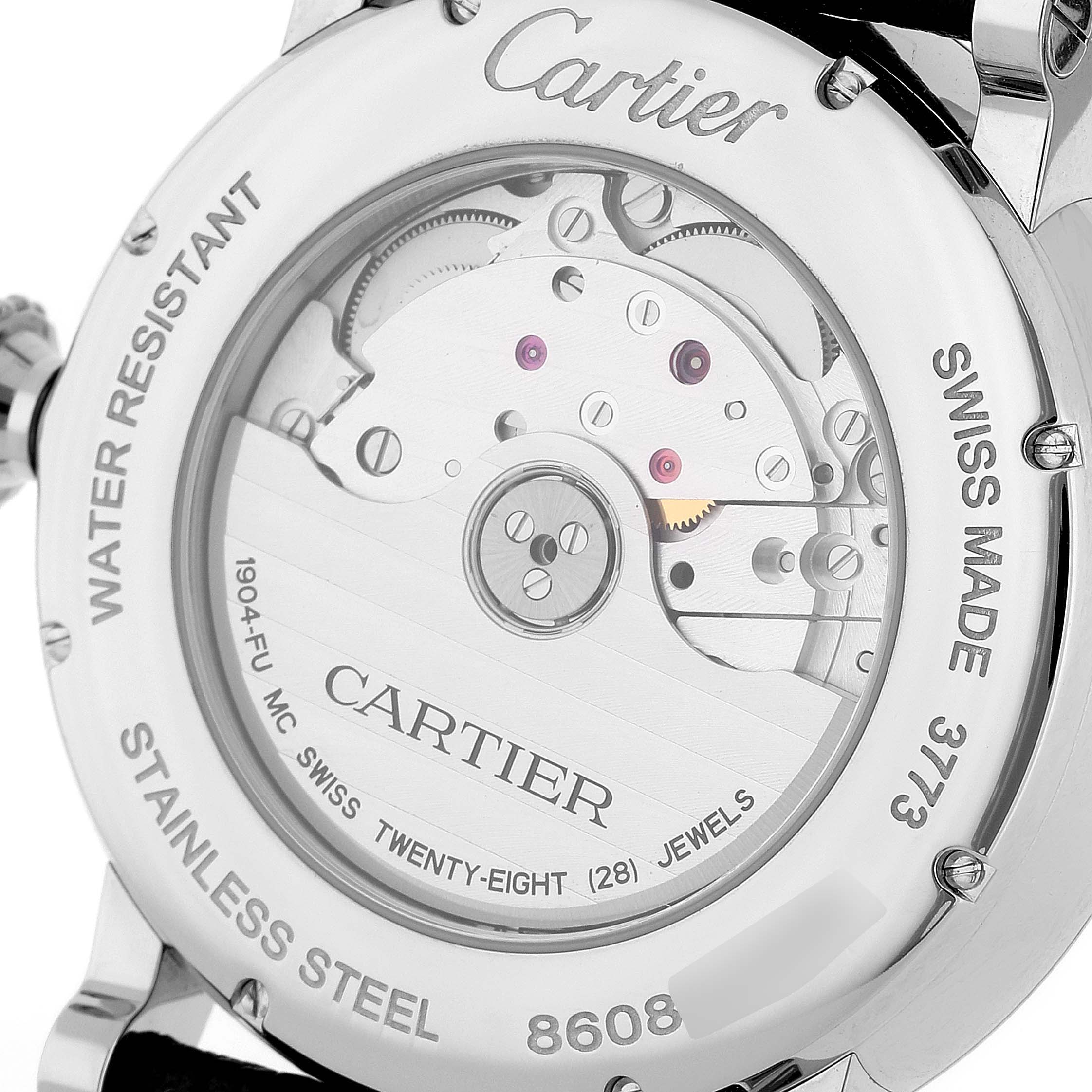 The image shows the back of the Cartier Rotonde W1556368 Men's Stainless Steel Silver Dial W1556368 Men's Stainless Steel Silver Dial watch, highlighting its internal mechanics and engravings.