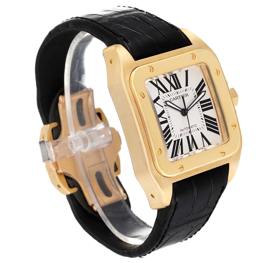 Cartier Santos 100 18k Yellow Gold Black Strap Mens Watch W20071Y1