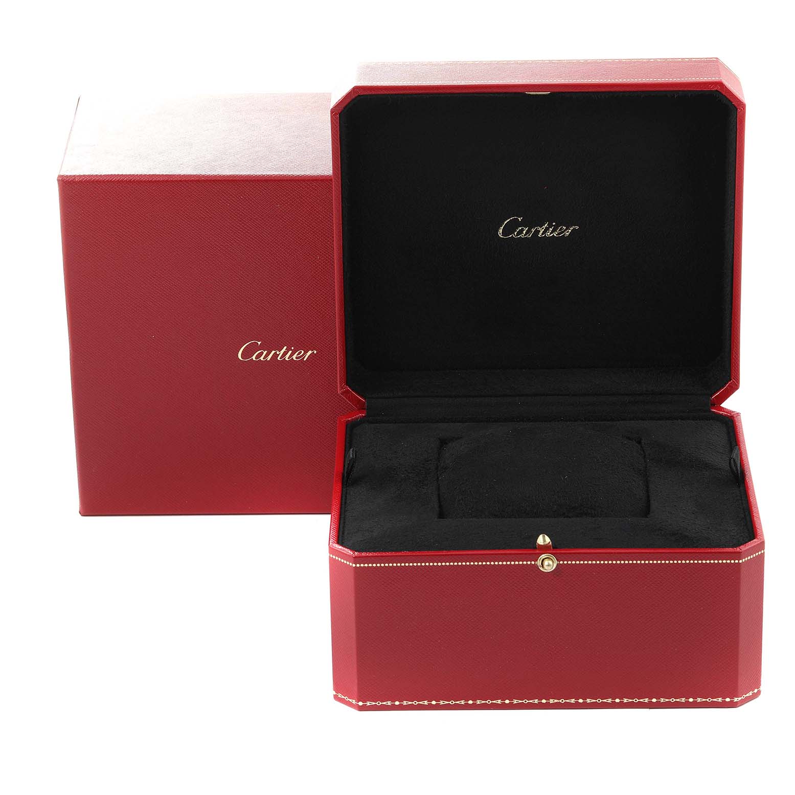 This image shows an open and closed red Cartier box, presumably for the Santos model watch, with black interior padding.