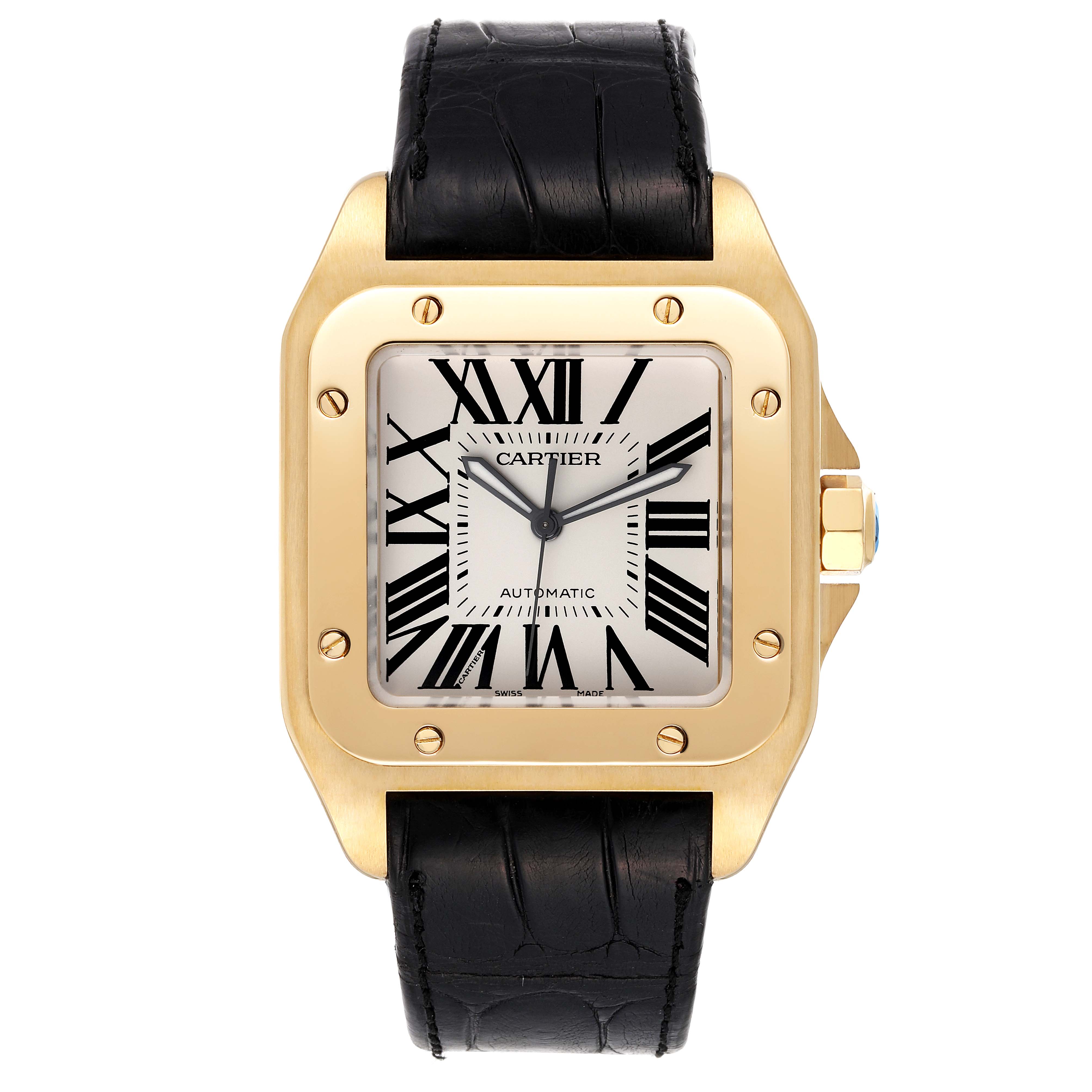The image shows a close-up, front view of a Santos model watch by Cartier with a gold case and black leather strap.