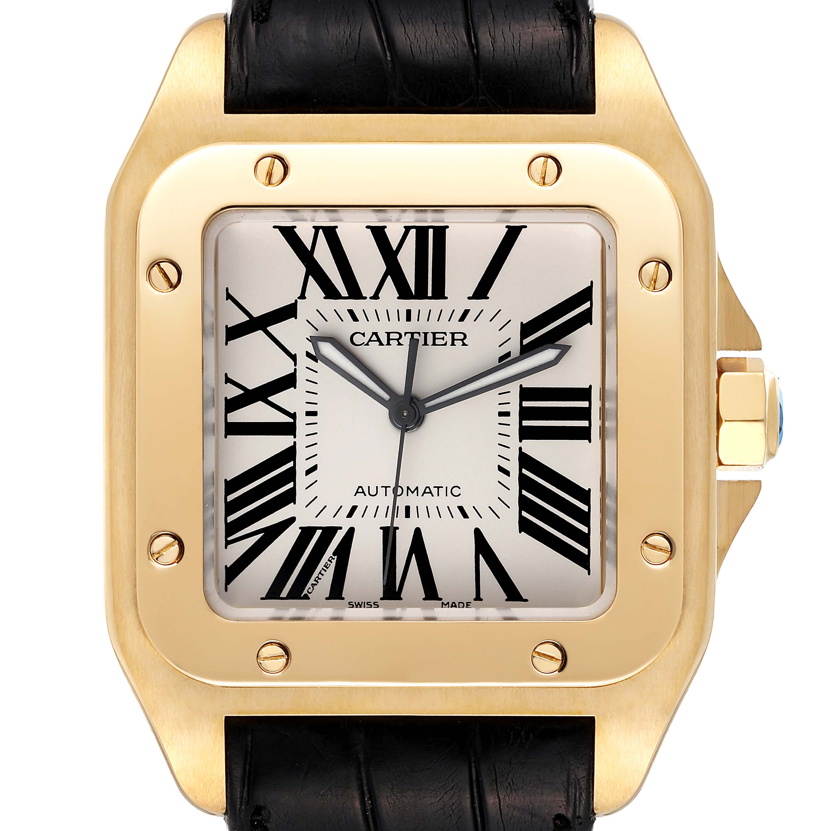 This image shows a front view of the Cartier Santos W20071Y1 Men's Yellow Gold Silver Dial W20071Y1 Men's Yellow Gold Silver Dial watch, highlighting its gold case, black leather strap, and Roman numerals on the dial.