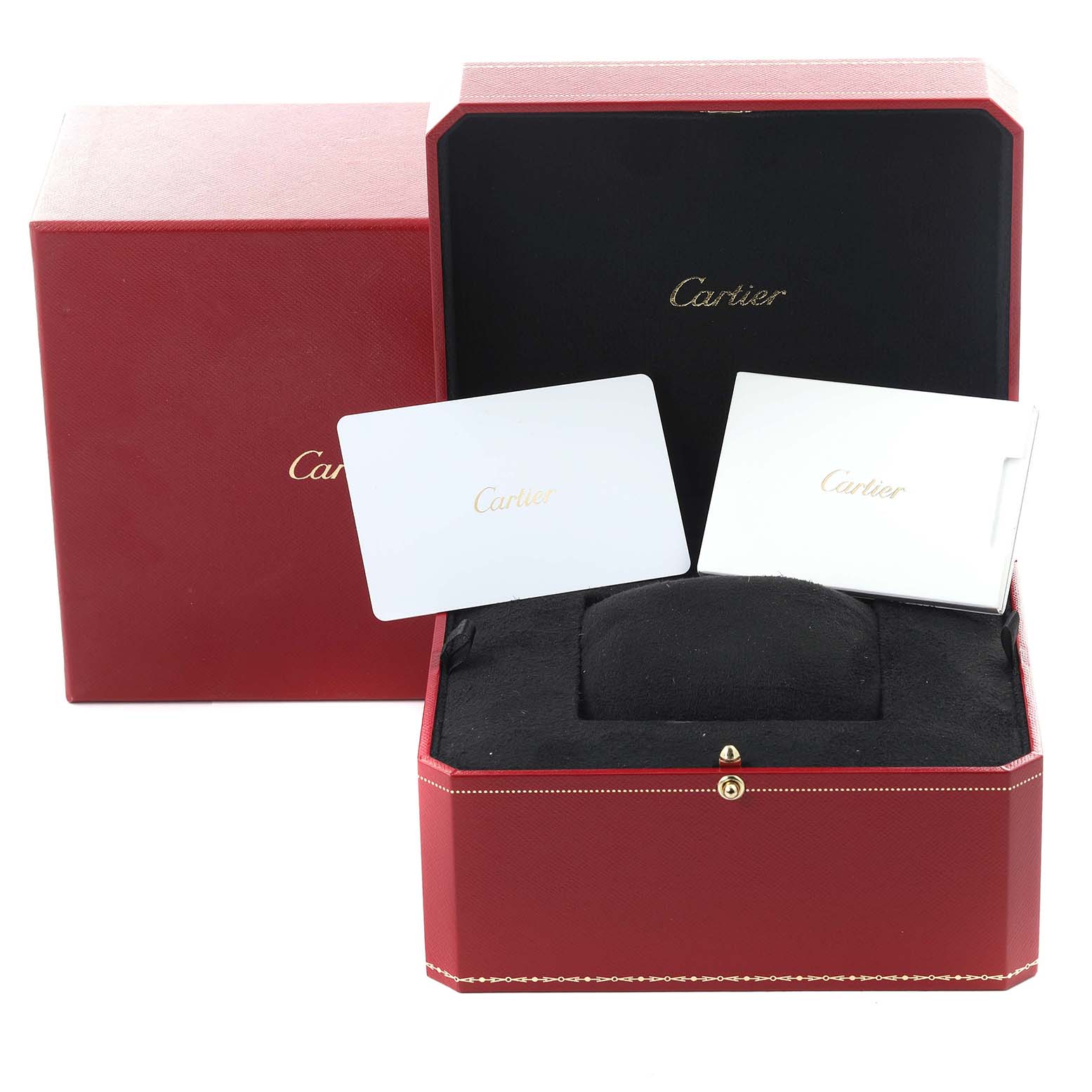 The image shows the Cartier Santos Dumont WSSA0046 Men's Stainless Steel Black Dial WSSA0046 Men's Stainless Steel Black Dial watch box, warranty cards, and a cushion, all from a front angle.