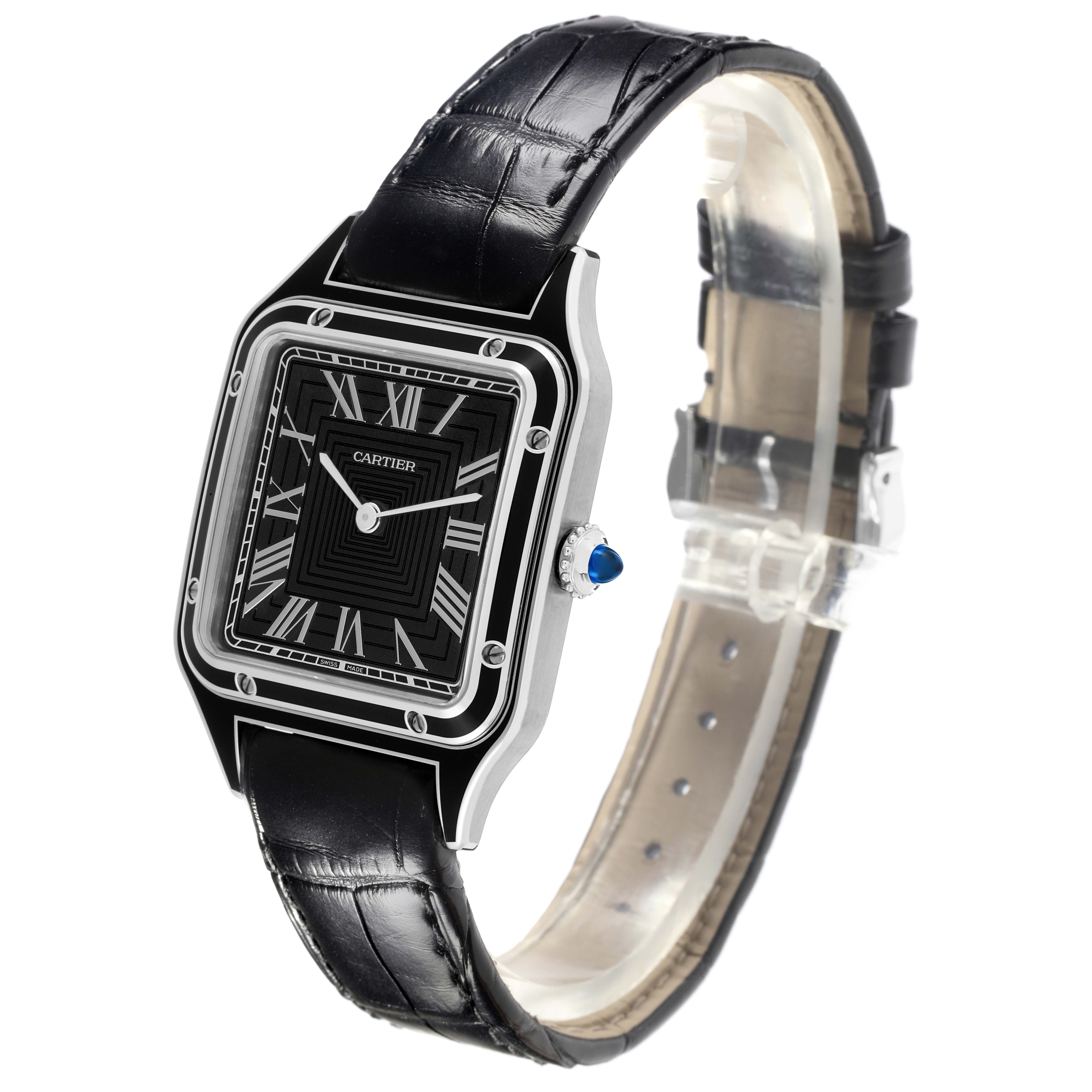The Cartier Santos Dumont WSSA0046 Men's Stainless Steel Black Dial WSSA0046 Men's Stainless Steel Black Dial watch is shown at a front-left angle, displaying the face, case, crown, and black leather strap.