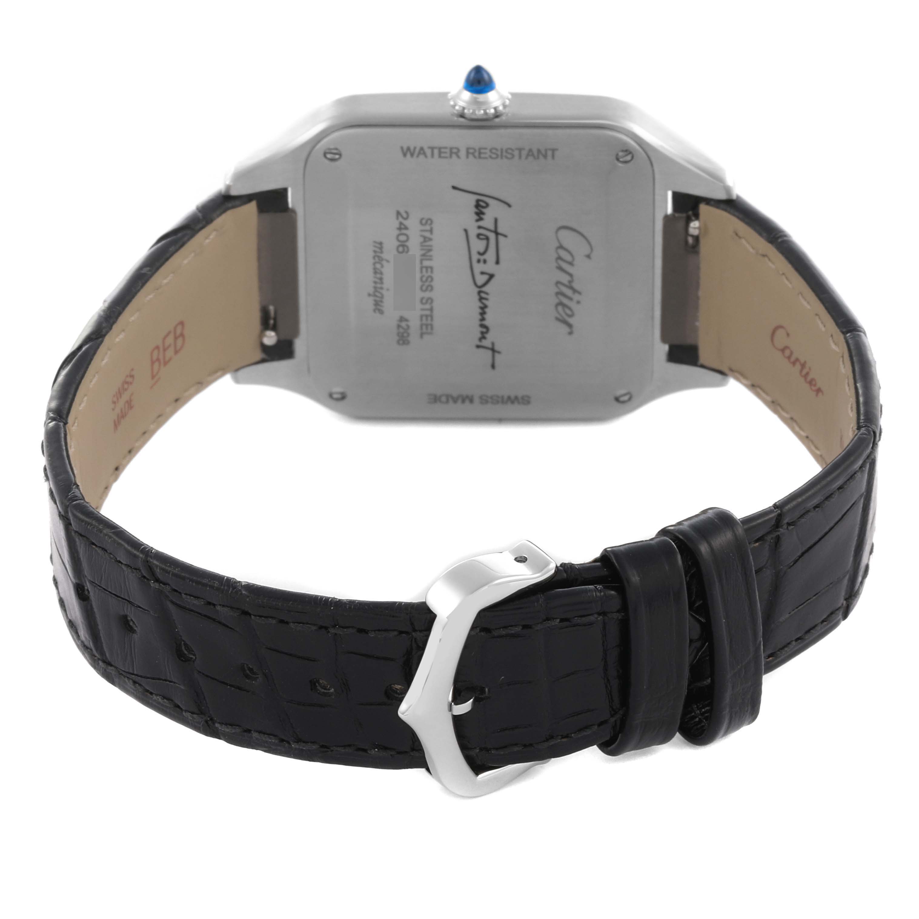 The image shows the back case and strap of the Cartier Santos Dumont WSSA0046 Men's Stainless Steel Black Dial WSSA0046 Men's Stainless Steel Black Dial watch, highlighting the buckle and case details.