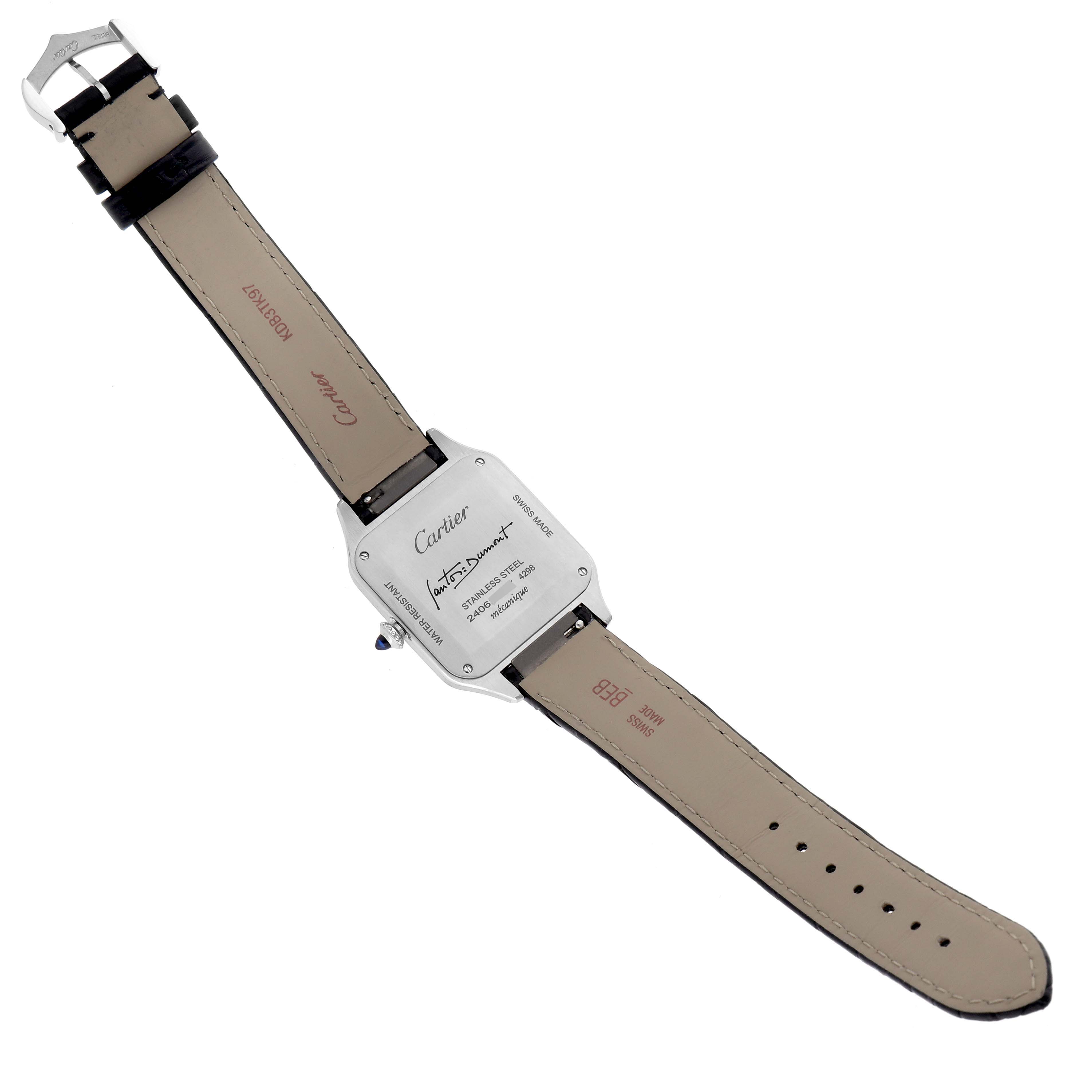 The image shows the back view of the Cartier Santos Dumont WSSA0046 Men's Stainless Steel Black Dial WSSA0046 Men's Stainless Steel Black Dial watch, highlighting the case back and leather strap.