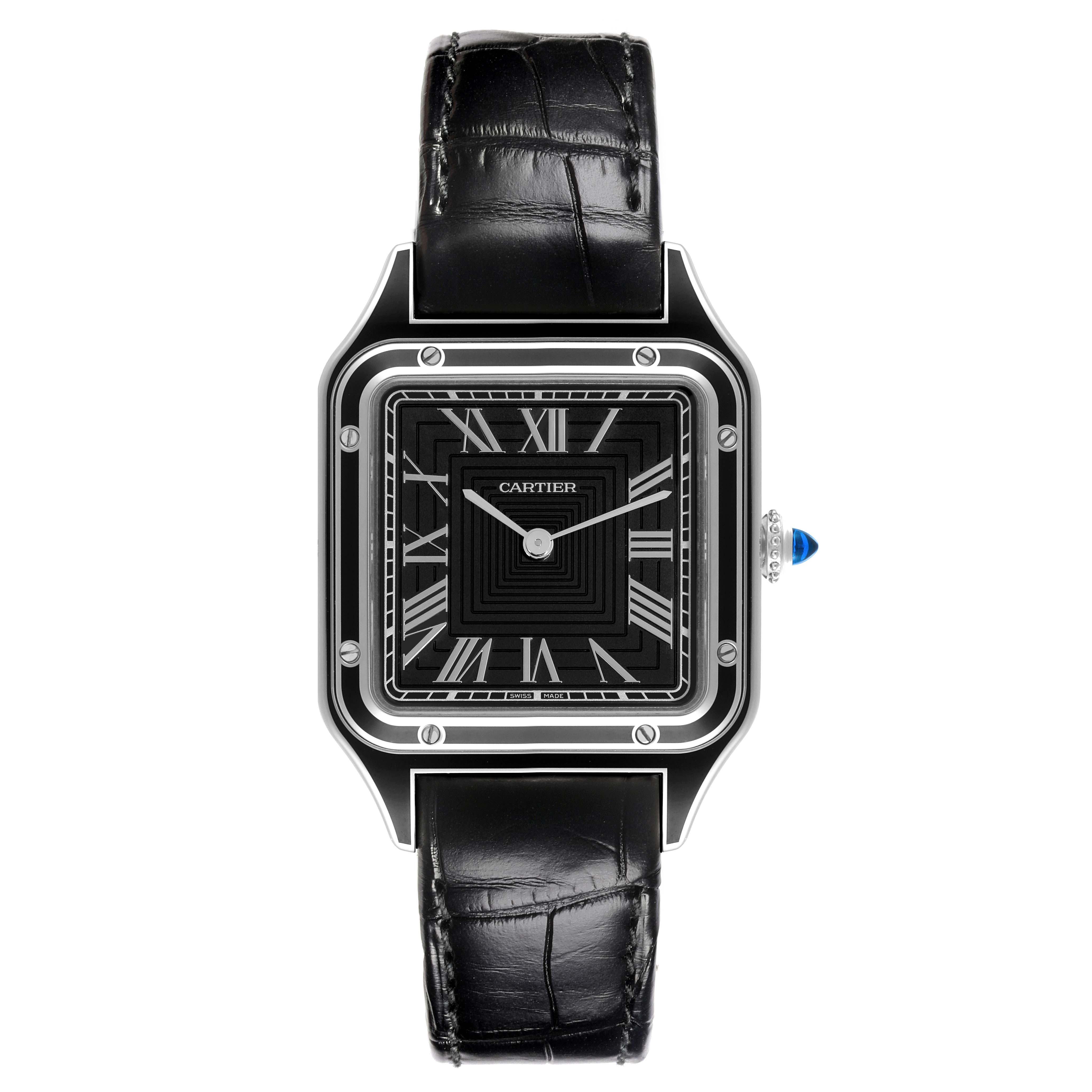 The Cartier Santos Dumont WSSA0046 Men's Stainless Steel Black Dial WSSA0046 Men's Stainless Steel Black Dial watch is shown from the front, highlighting its square dial and leather strap.