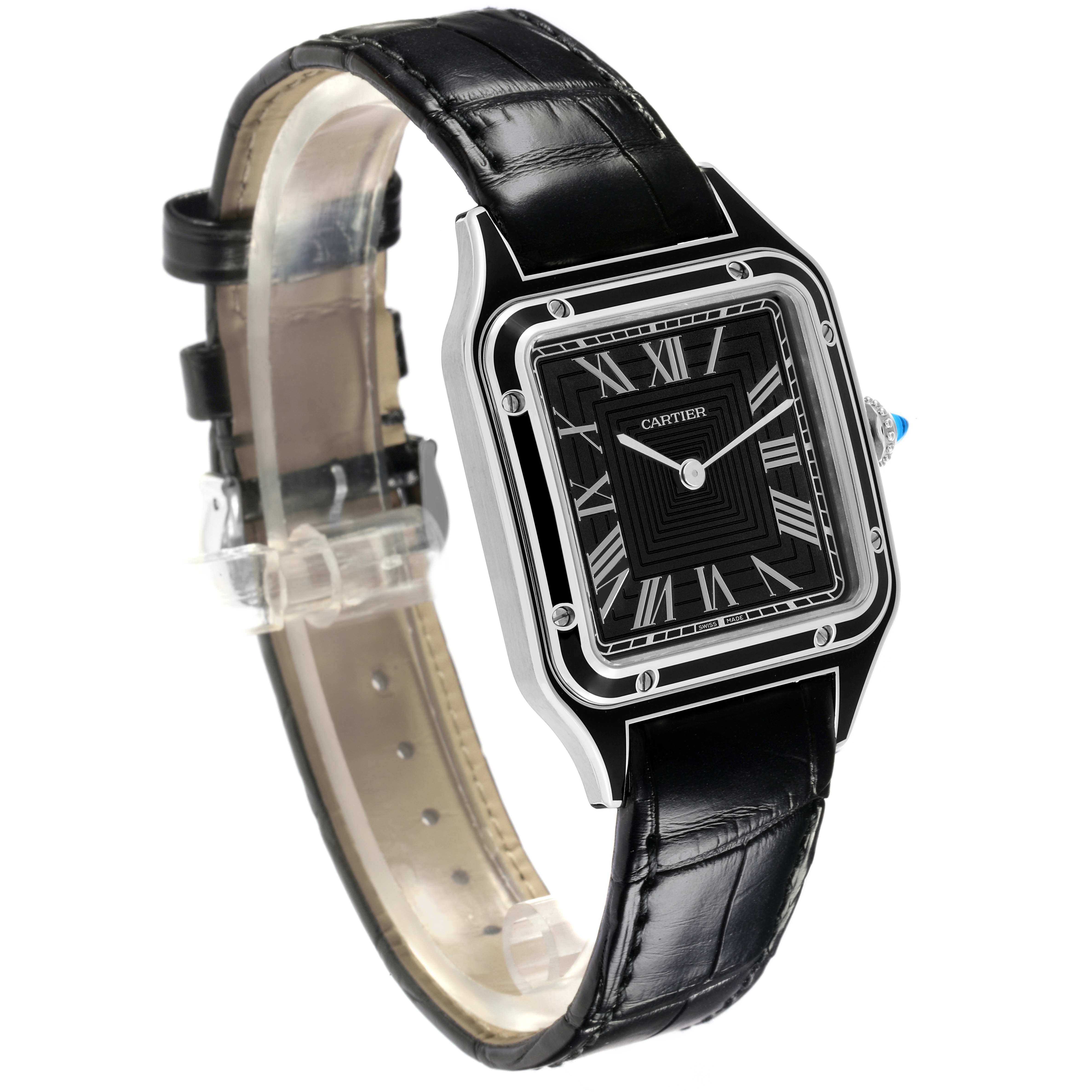 The Cartier Santos Dumont WSSA0046 Men's Stainless Steel Black Dial WSSA0046 Men's Stainless Steel Black Dial watch is shown at a slight angle, highlighting its black dial, Roman numerals, and leather strap.