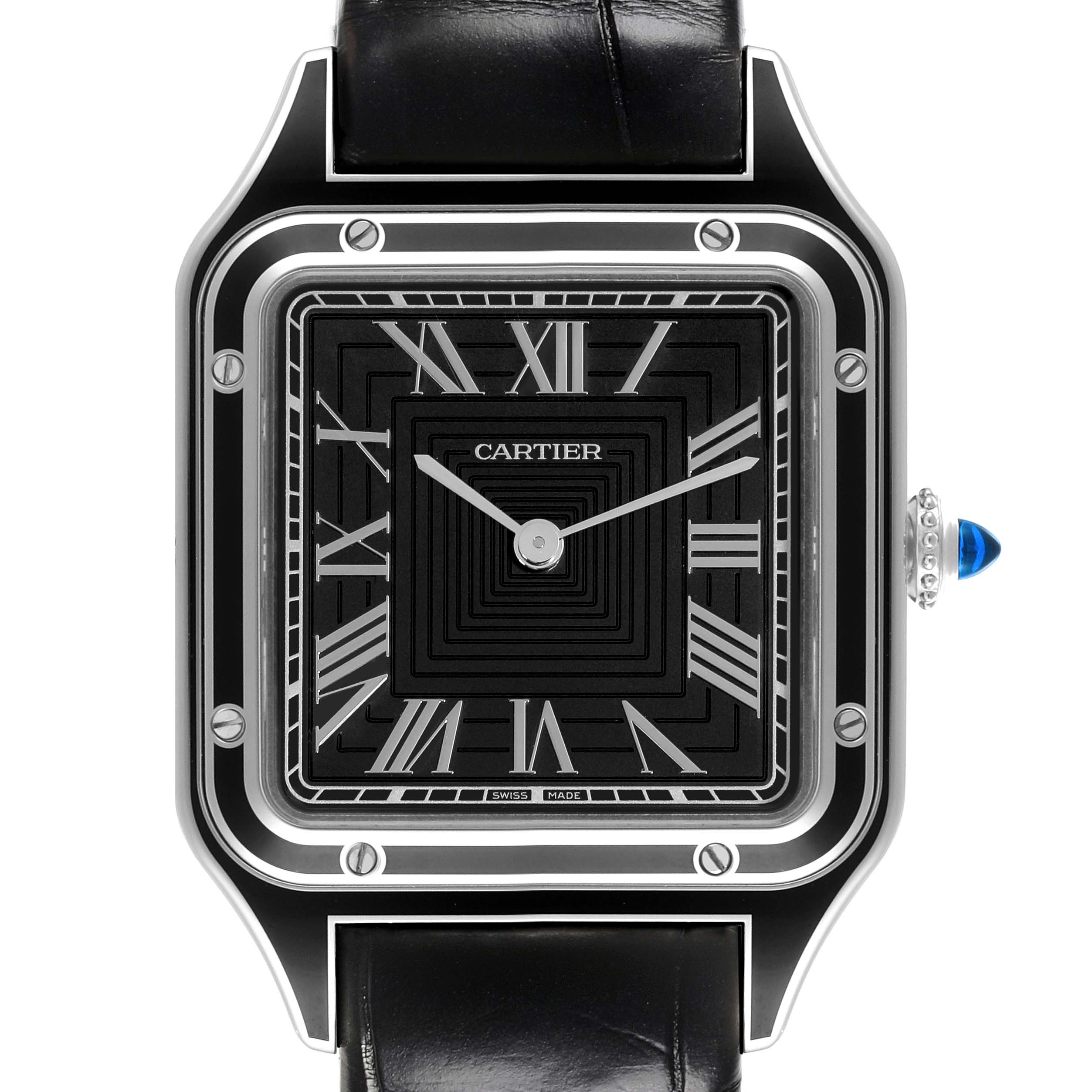 The Cartier Santos Dumont WSSA0046 Men's Stainless Steel Black Dial WSSA0046 Men's Stainless Steel Black Dial watch is shown from a front angle, highlighting its black dial, Roman numerals, and blue cabochon crown.