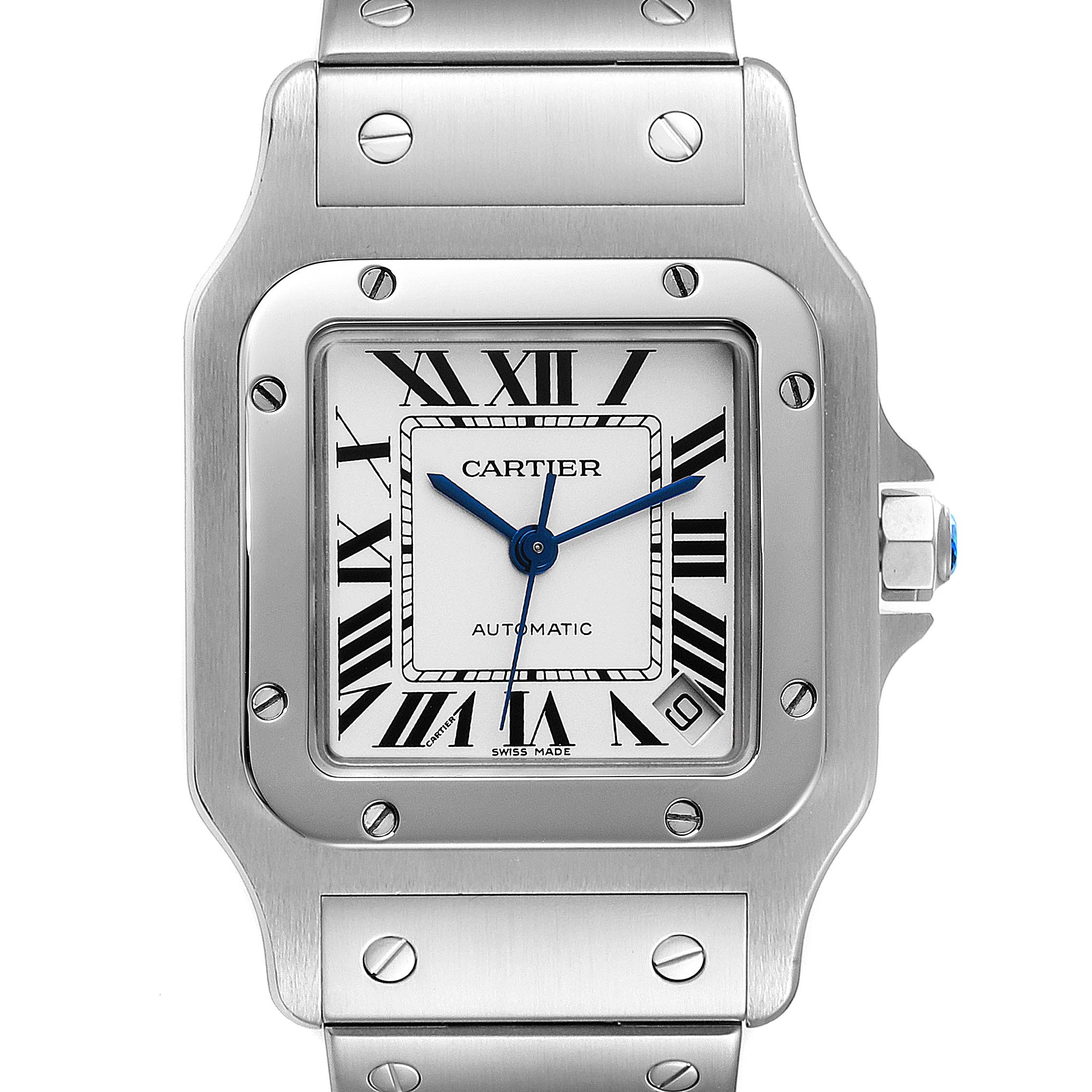 The image shows a front view of the Cartier Santos W20098D6 Men's Stainless Steel Silver Dial W20098D6 Men's Stainless Steel Silver Dial watch, highlighting its face, bezel, and part of the metal bracelet.