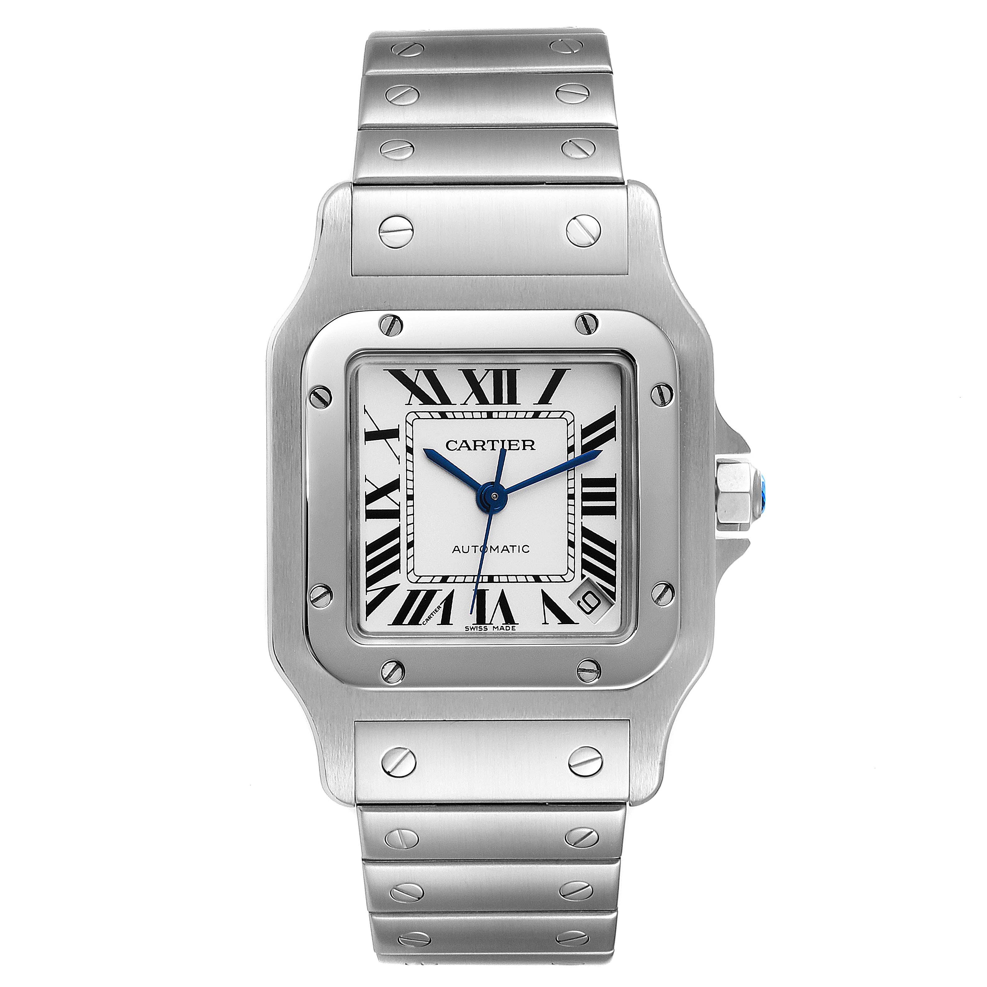 The image shows a front view of a Cartier Santos W20098D6 Men's Stainless Steel Silver Dial W20098D6 Men's Stainless Steel Silver Dial watch, highlighting its square face, Roman numerals, and metal bracelet.