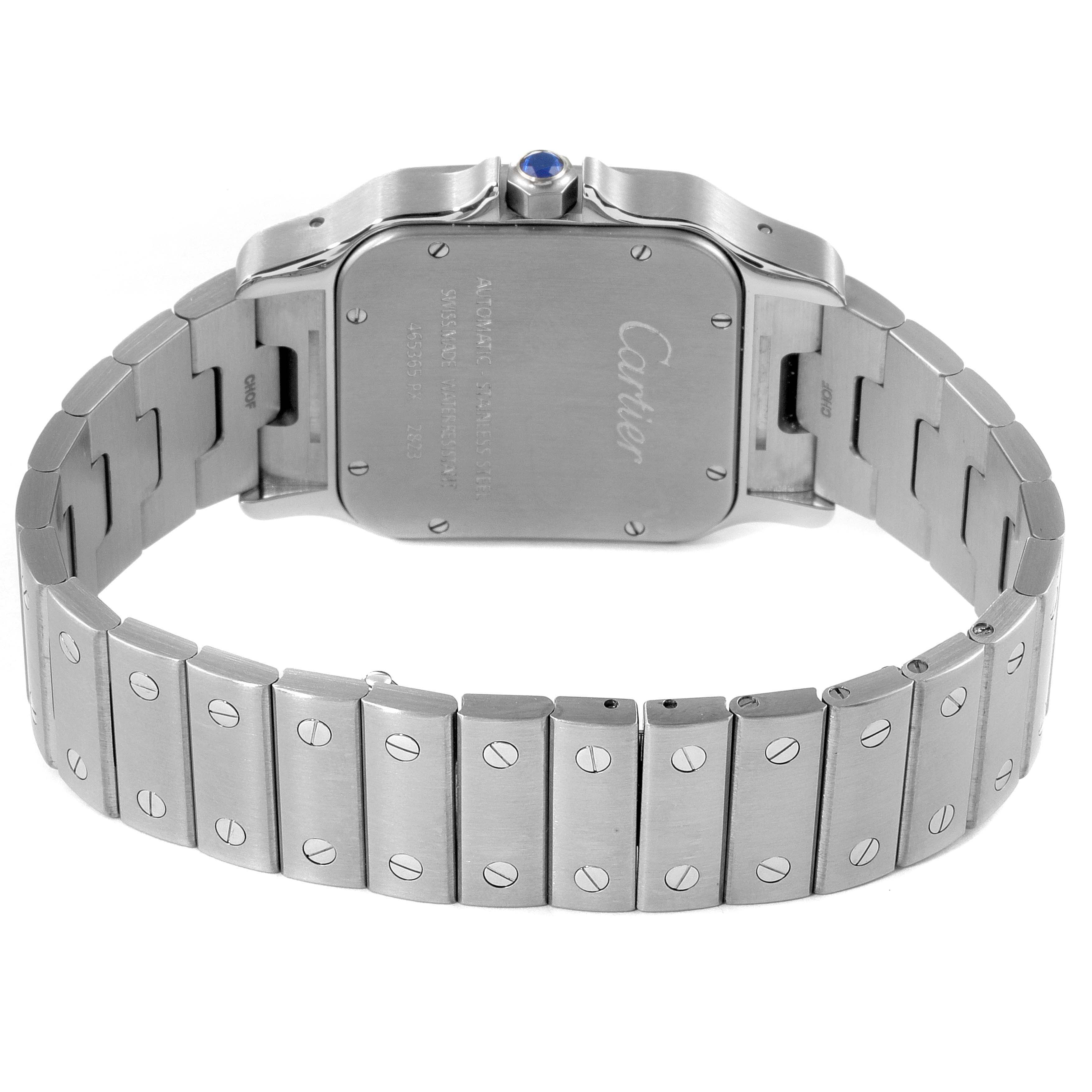 This is a rear view of the Santos model by Cartier, showing the case back and metal bracelet.