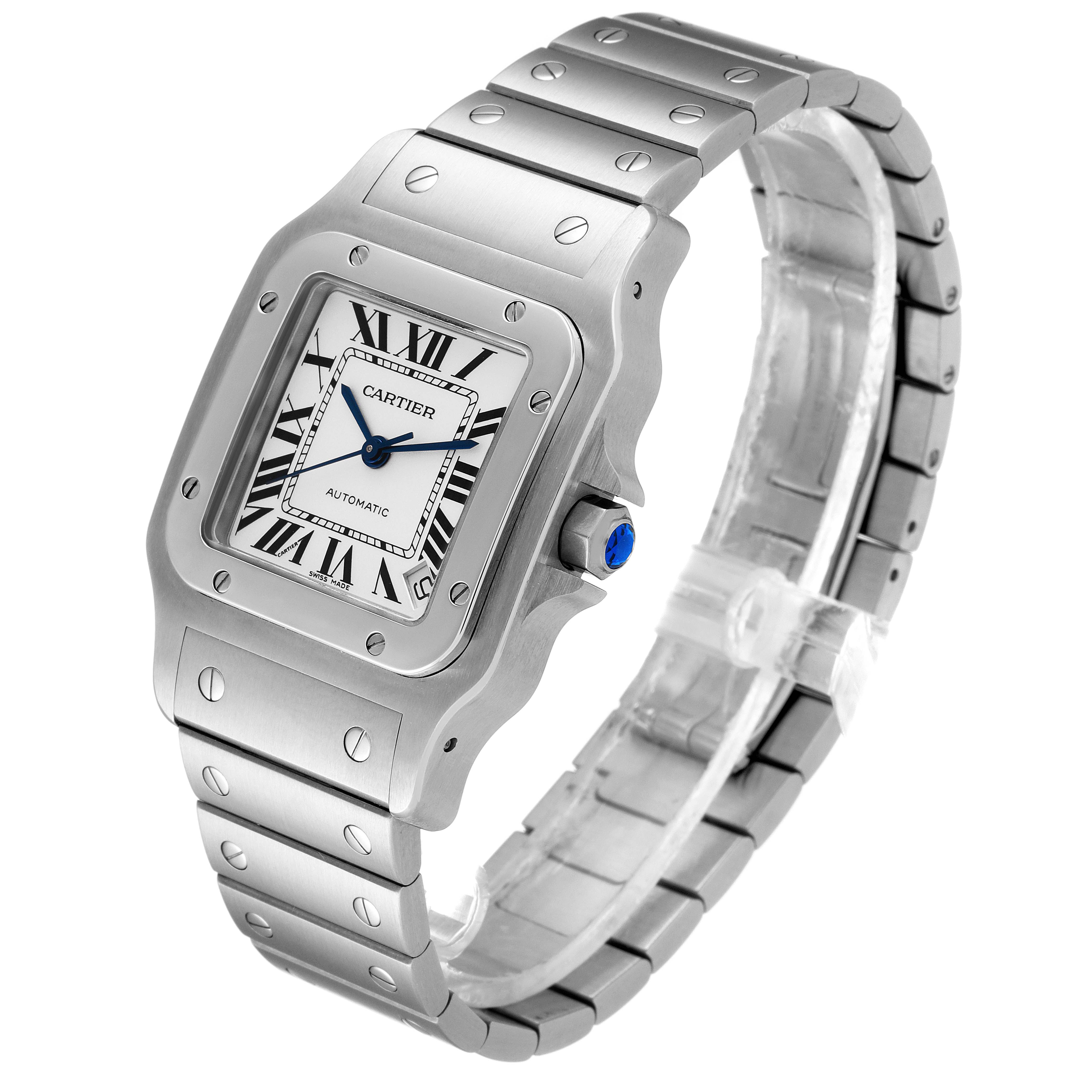 The image shows a Santos de Cartier watch at an angle highlighting the face, bezel, and stainless steel bracelet.