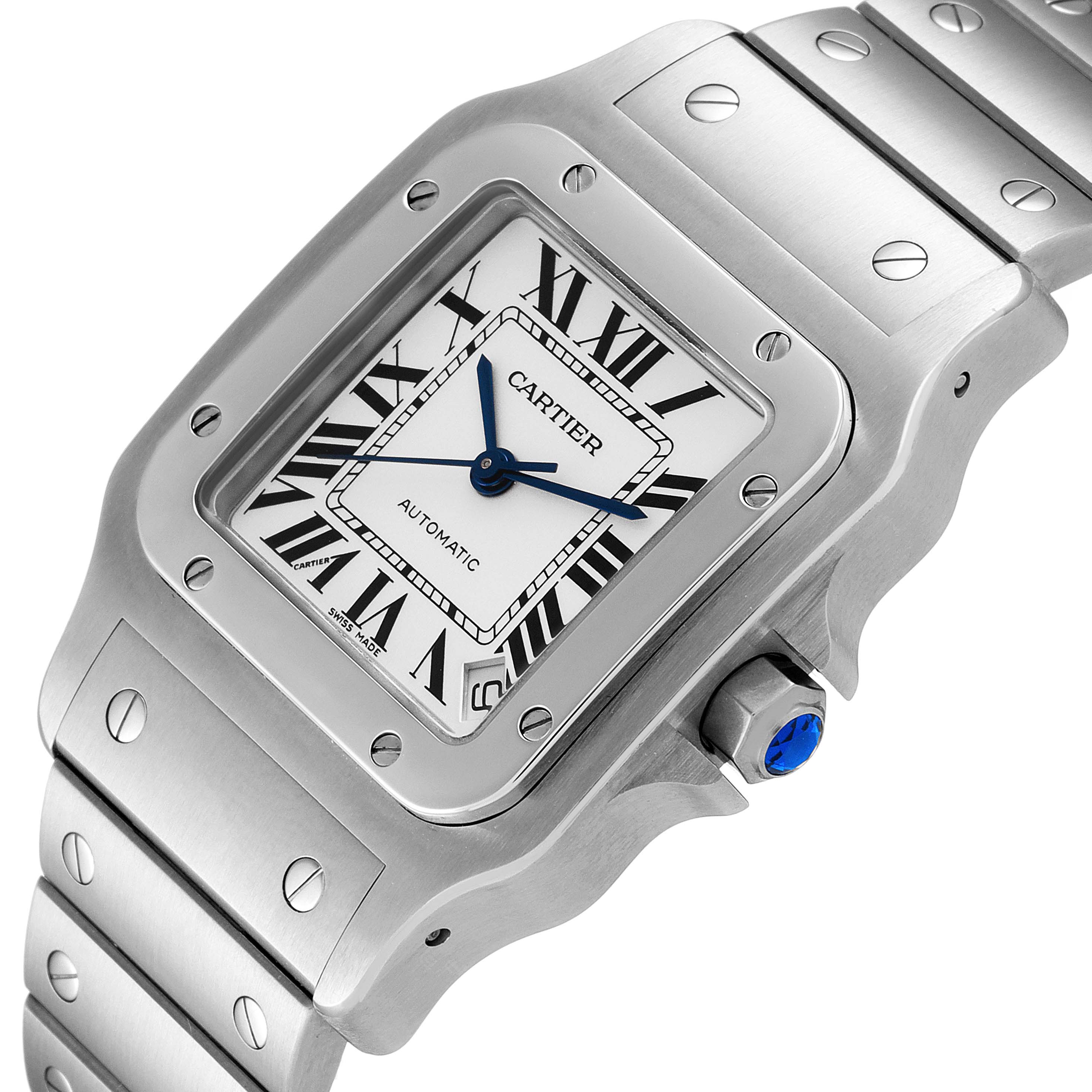 The image shows a close-up of the dial, bezel, and part of the bracelet of the Santos model by Cartier.