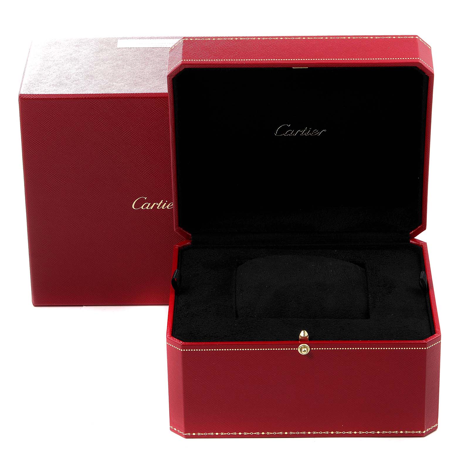 This is a Cartier Santos W20098D6 Men's Stainless Steel Silver Dial W20098D6 Men's Stainless Steel Silver Dial watch box shown from the front angle with its lid open, revealing the interior.