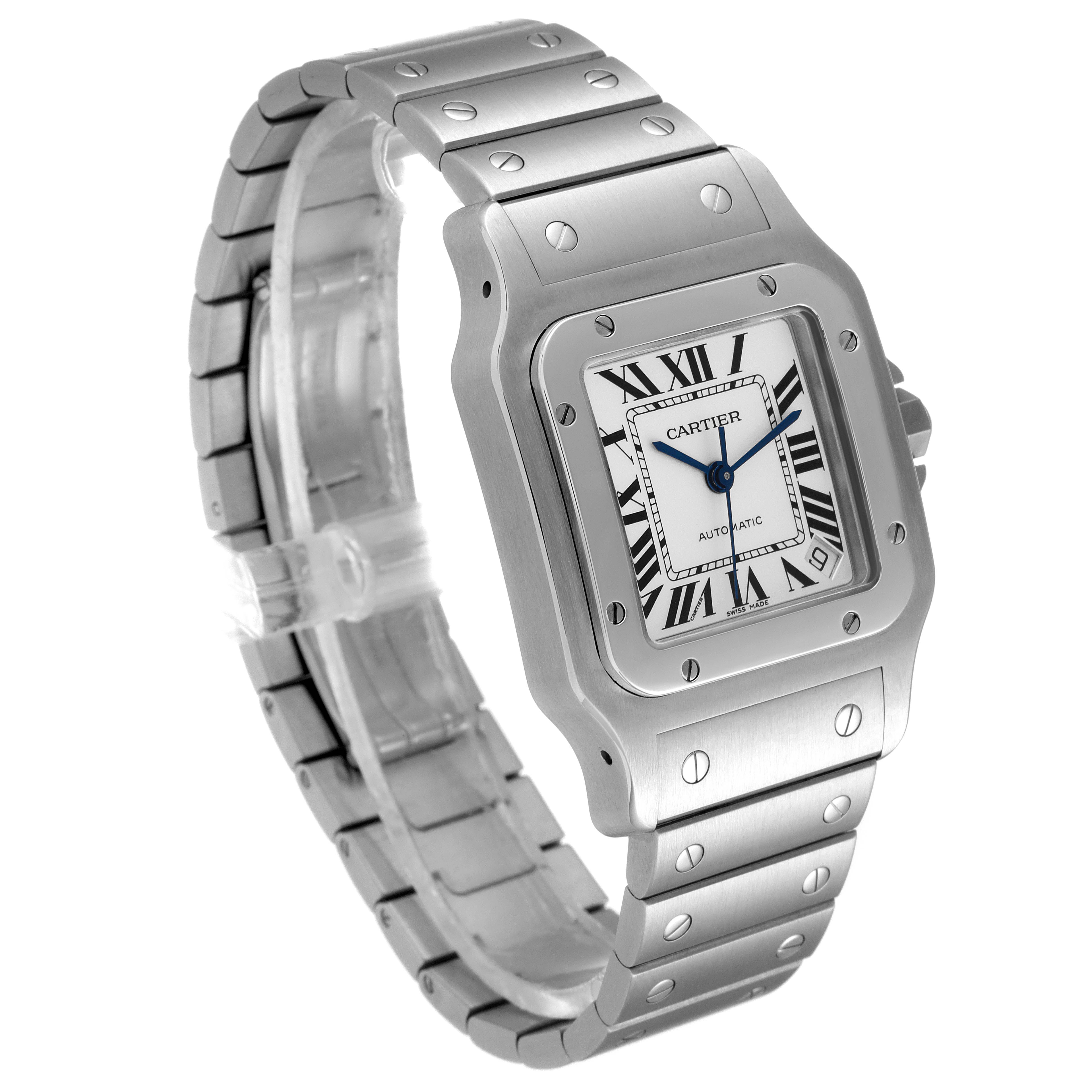 The image shows a Cartier Santos W20098D6 Men's Stainless Steel Silver Dial W20098D6 Men's Stainless Steel Silver Dial watch at an angled side view, displaying its silver bracelet and rectangular dial with Roman numerals.