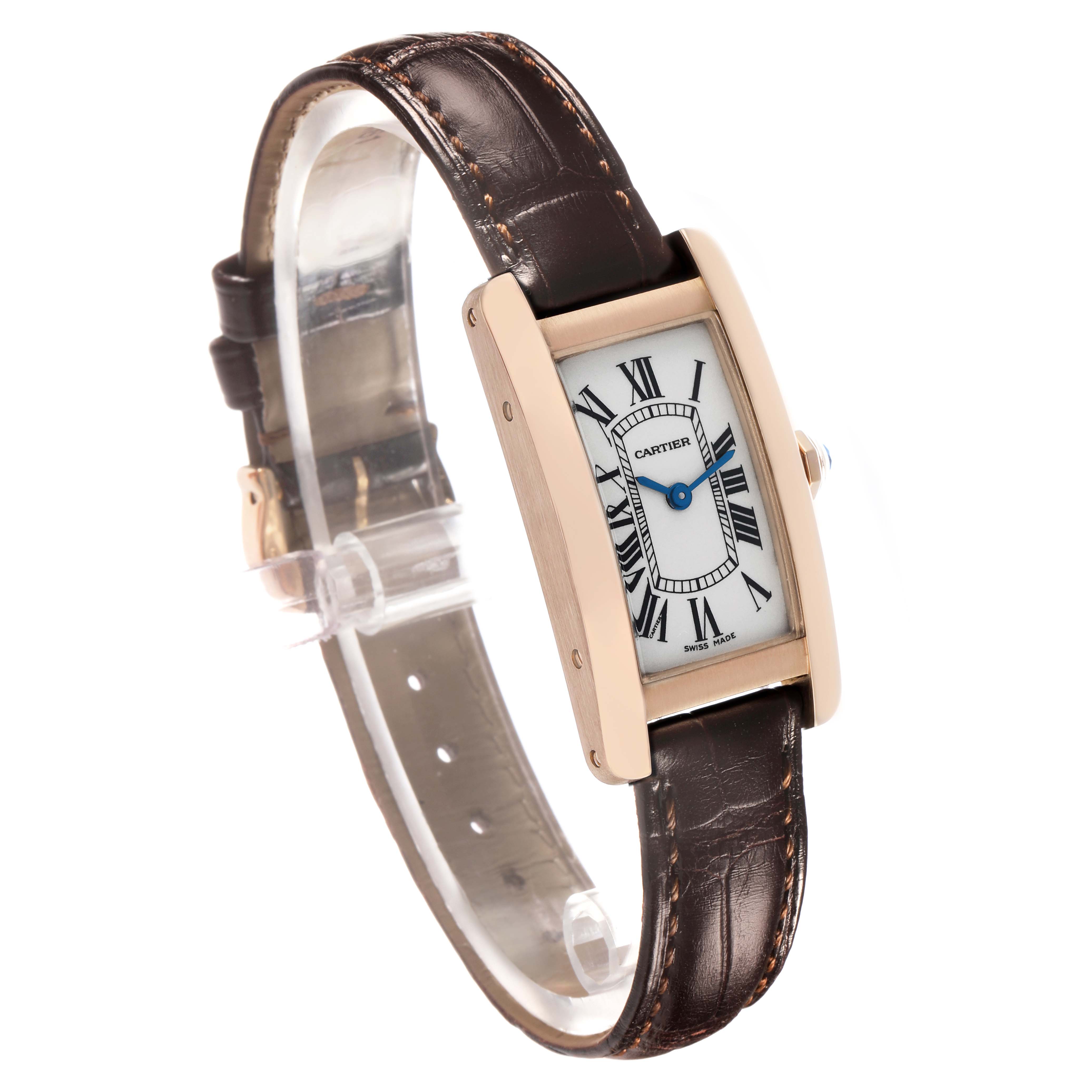 The Cartier Tank Americaine W2607456 Women's Rose Gold Silver Dial watch is shown at an angled view, highlighting the face, case, and leather strap.
