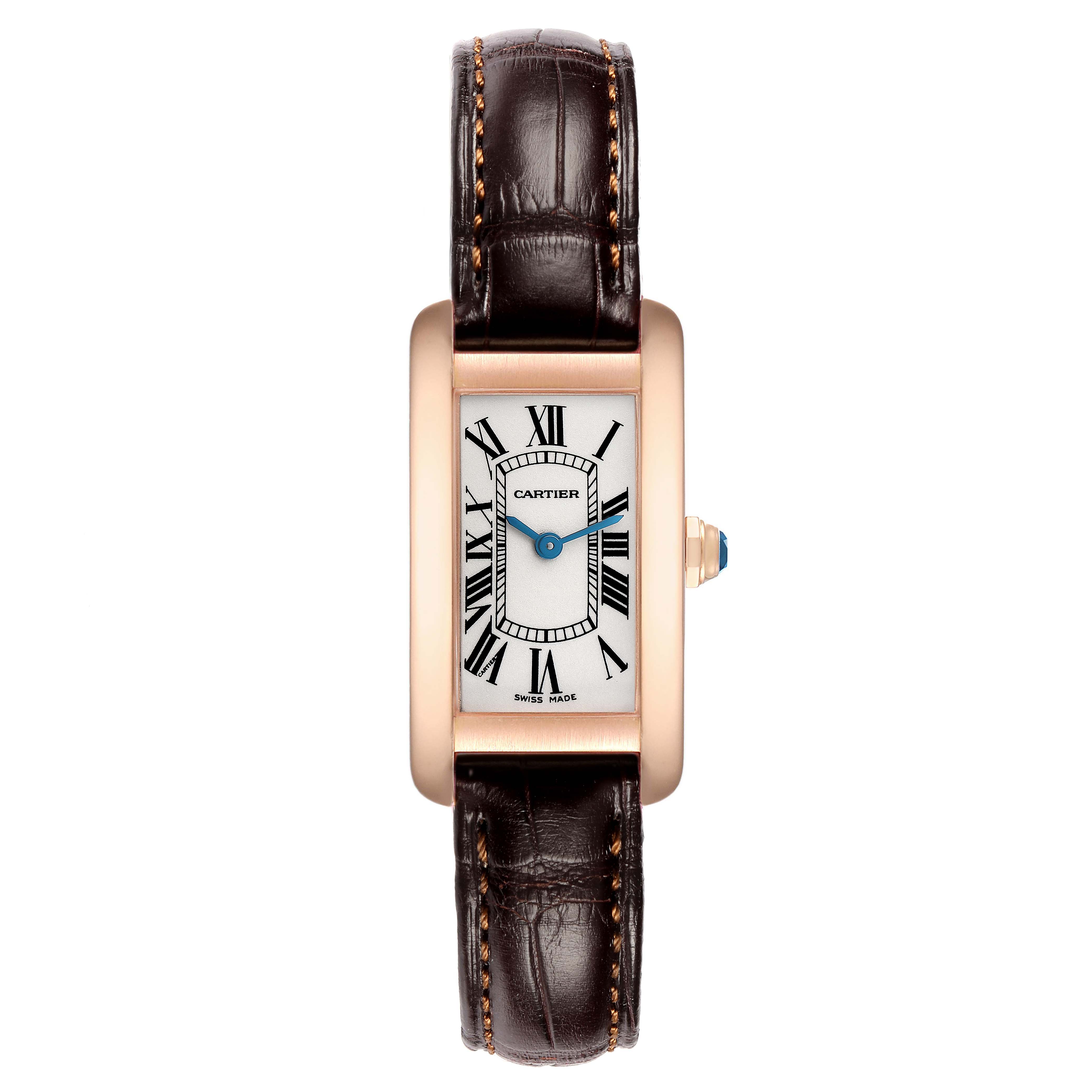 The Cartier Tank Americaine W2607456 Women's Rose Gold Silver Dial watch is shown from the front, displaying the dial, leather strap, and crown.