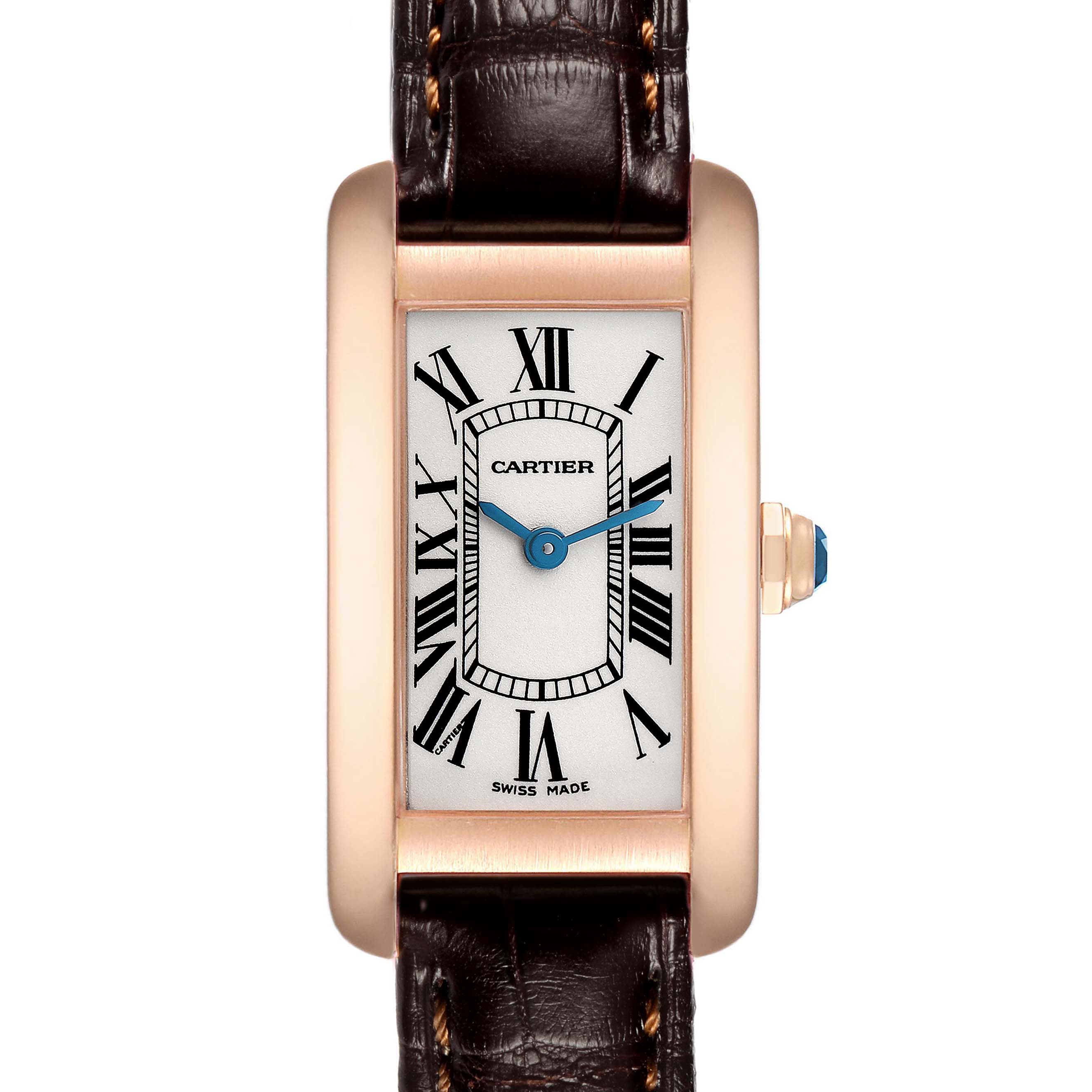 The Cartier Tank Americaine W2607456 Women's Rose Gold Silver Dial watch is shown from a front angle, highlighting its rectangle case, Roman numerals, and leather strap.