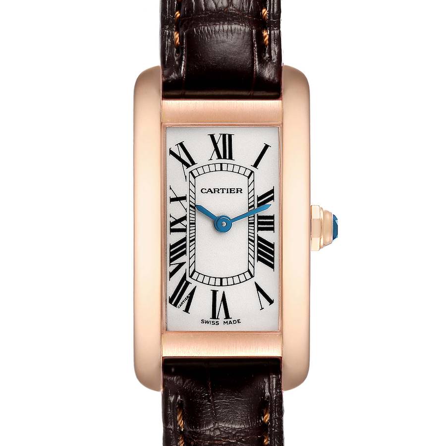 The Cartier Tank Americaine W2607456 Women's Rose Gold Silver Dial watch is shown from a front angle, highlighting its rectangle case, Roman numerals, and leather strap.