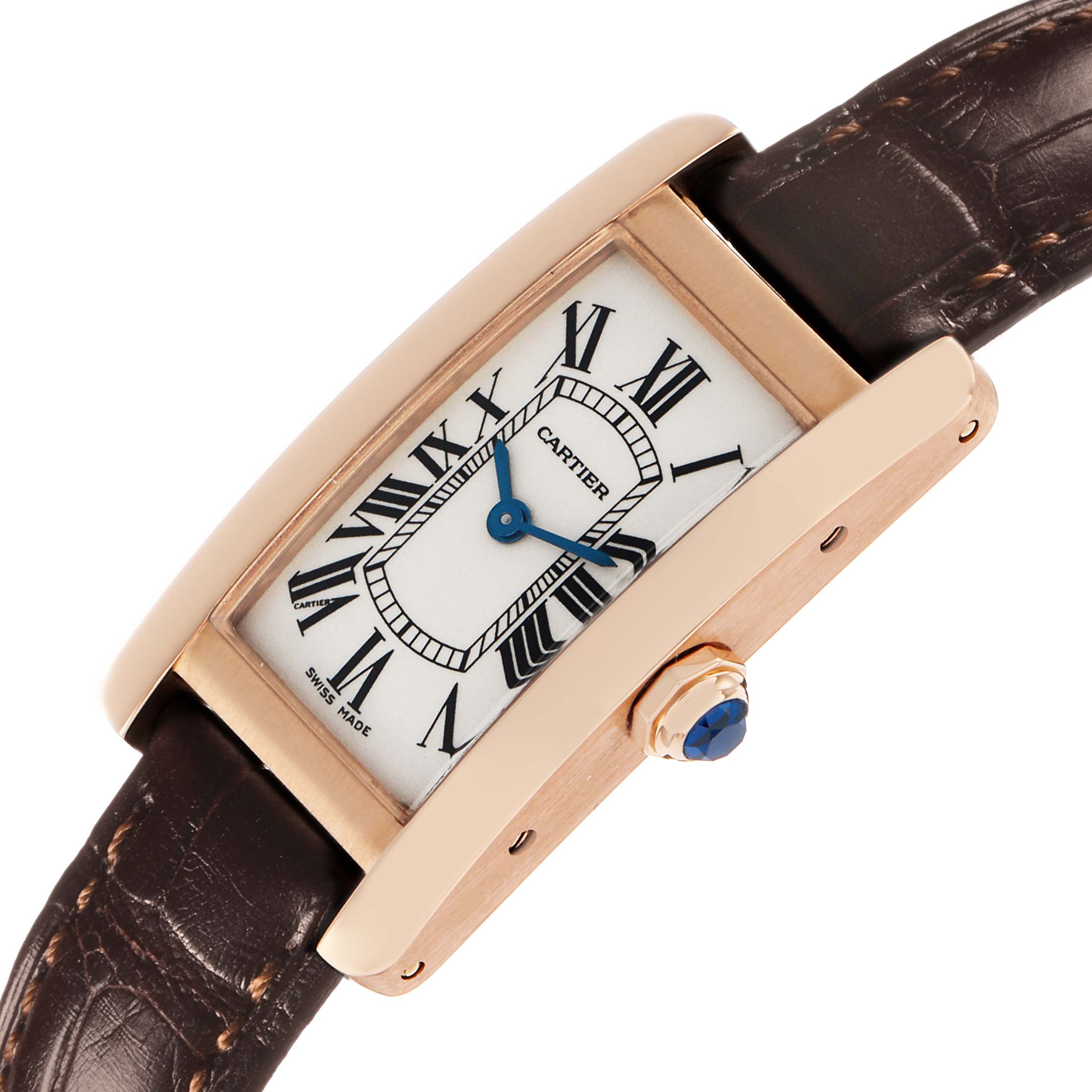 The Cartier Tank Americaine W2607456 Women's Rose Gold Silver Dial watch is shown in an angled side view, highlighting the rose gold case, blue hands, and leather strap.