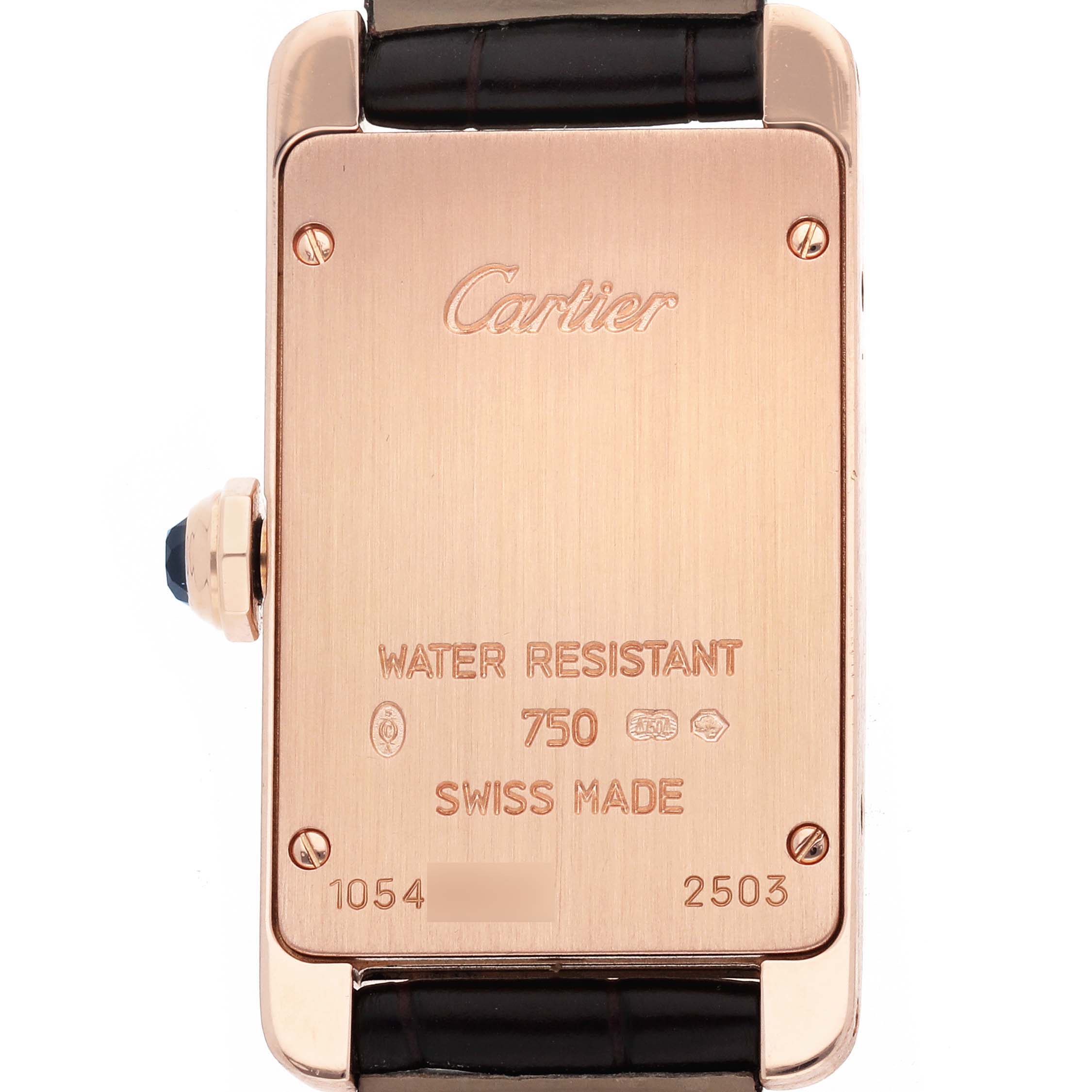 The Cartier Tank Americaine W2607456 Women's Rose Gold Silver Dial watch is shown from the back, displaying the case back, crown, and part of the leather strap.