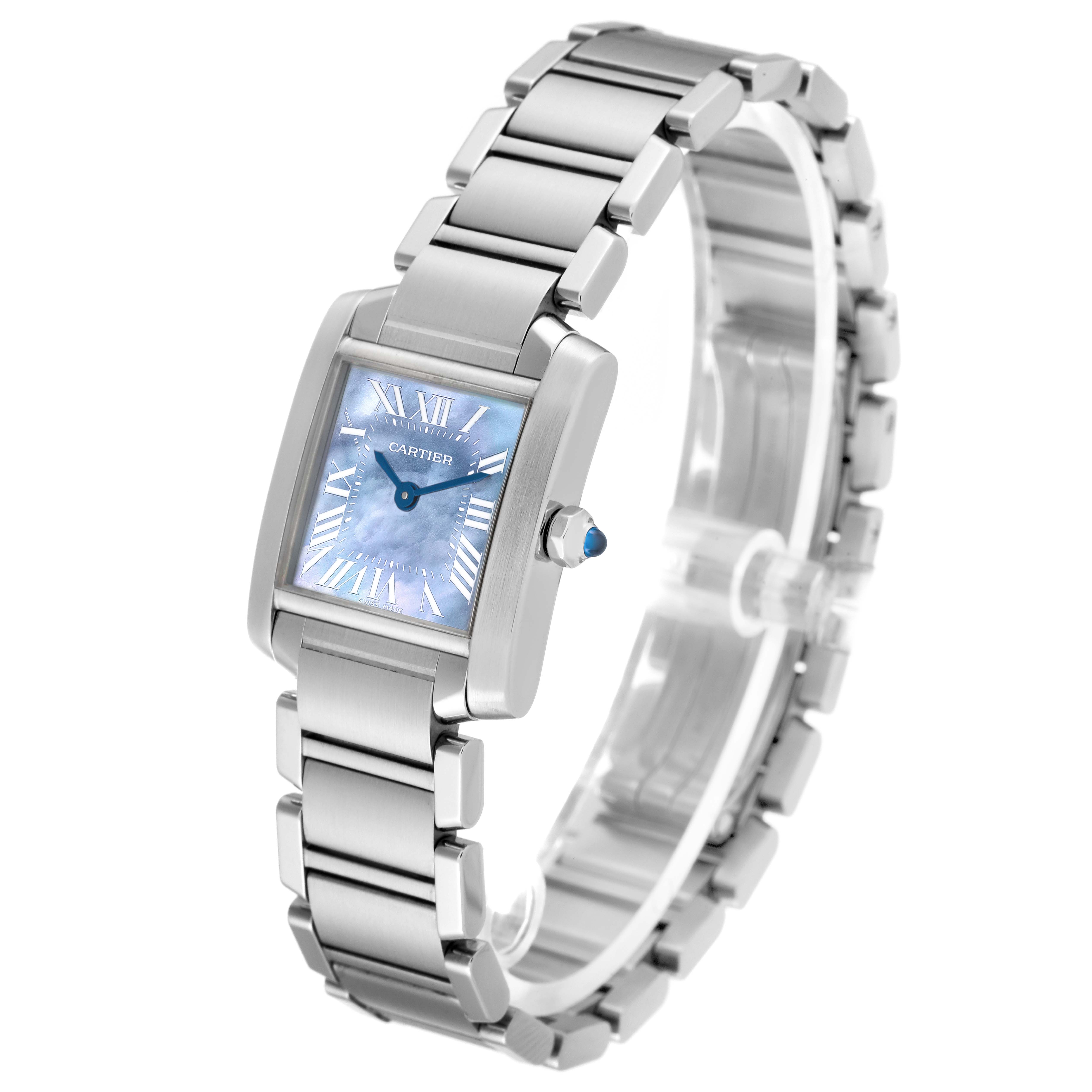 The image shows a Cartier Tank Francaise W51034Q3 Women's Stainless Steel Mother of Pearl Dial W51034Q3 Women's Stainless Steel Mother of Pearl Dial watch from a three-quarter angle, highlighting its rectangular face, metal bracelet, and blue dial.