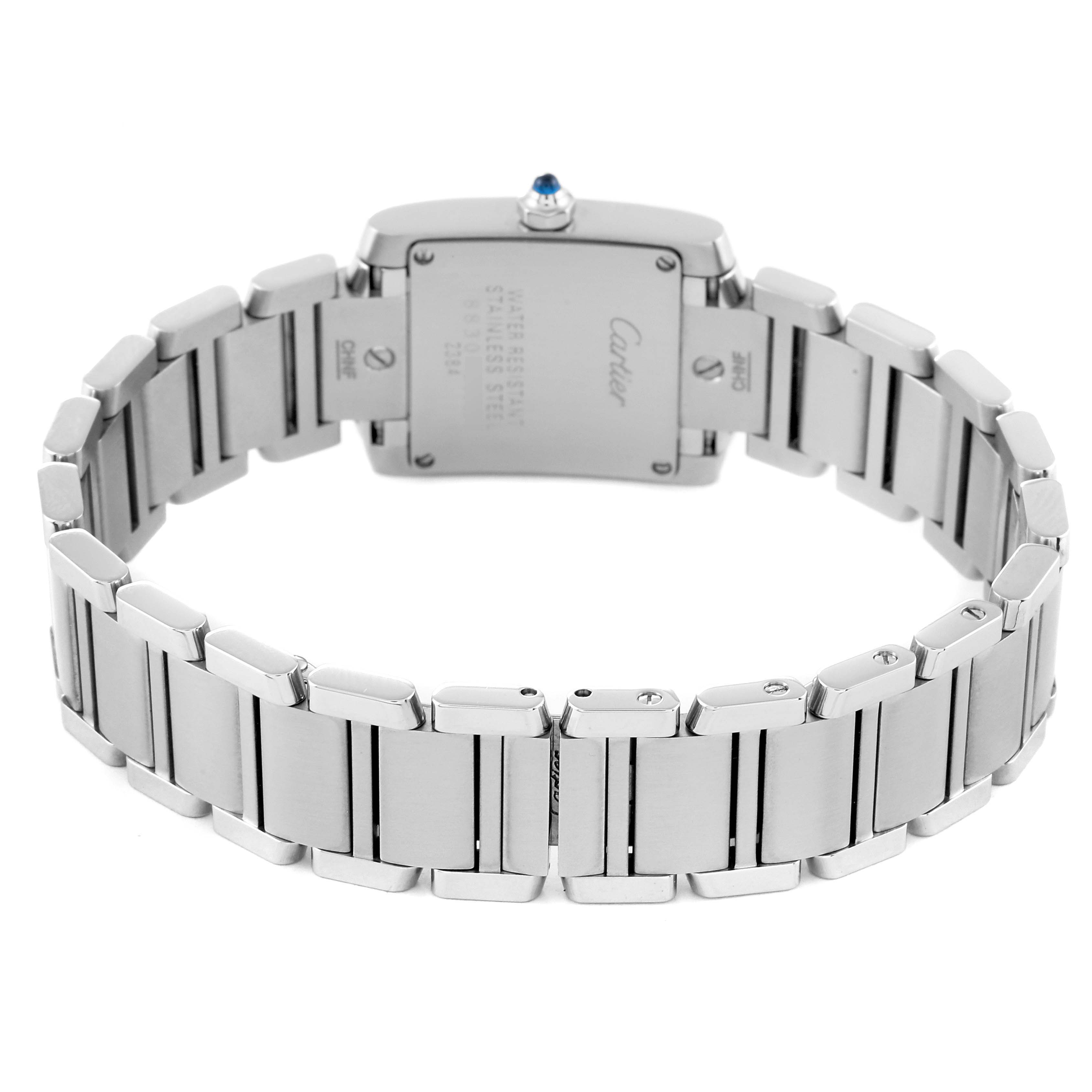 This image shows the back of the Cartier Tank Francaise W51034Q3 Women's Stainless Steel Mother of Pearl Dial W51034Q3 Women's Stainless Steel Mother of Pearl Dial watch, highlighting its bracelet and case back.