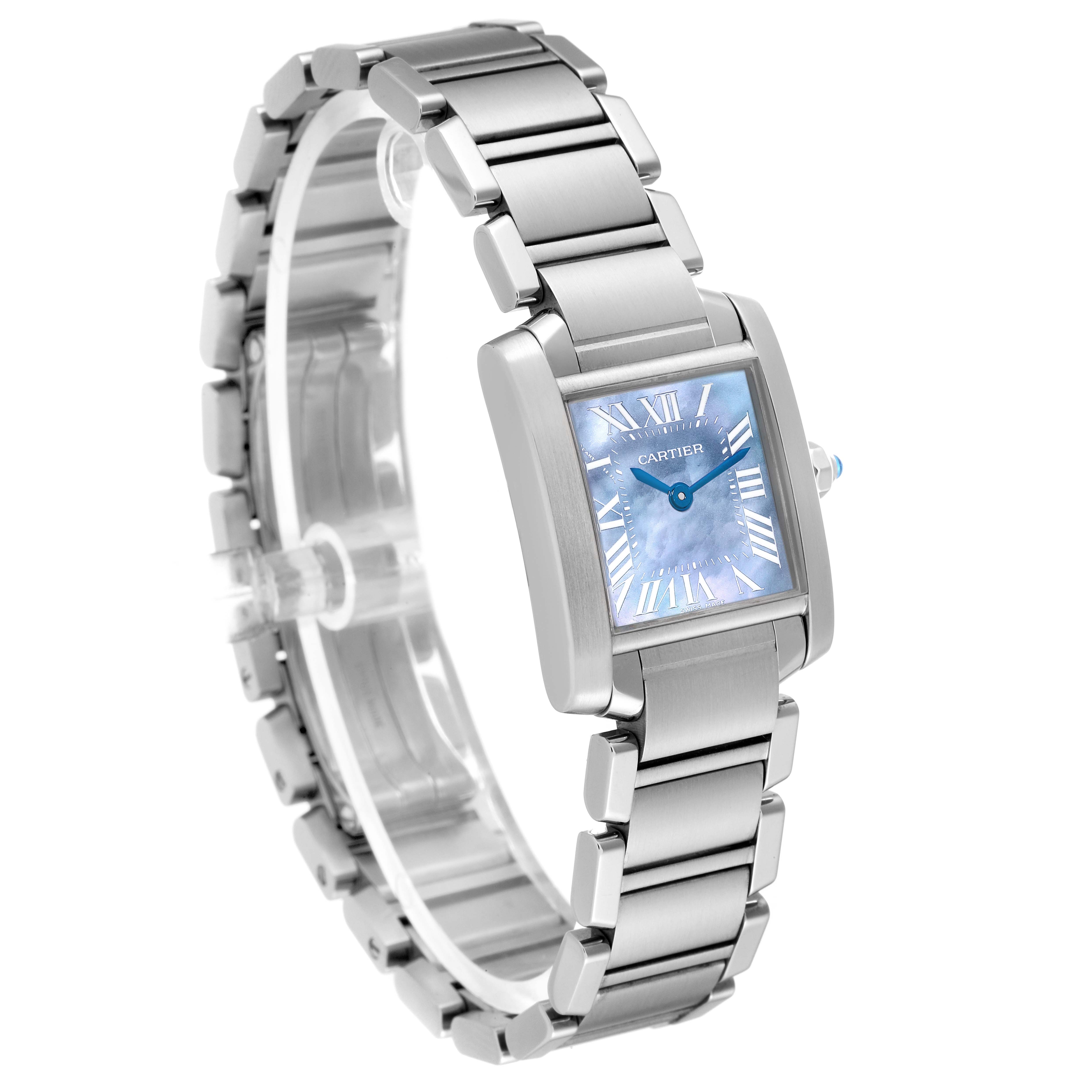 The image shows a side angle view of a Cartier Tank Francaise W51034Q3 Women's Stainless Steel Mother of Pearl Dial W51034Q3 Women's Stainless Steel Mother of Pearl Dial watch, displaying its face, bracelet, and crown.