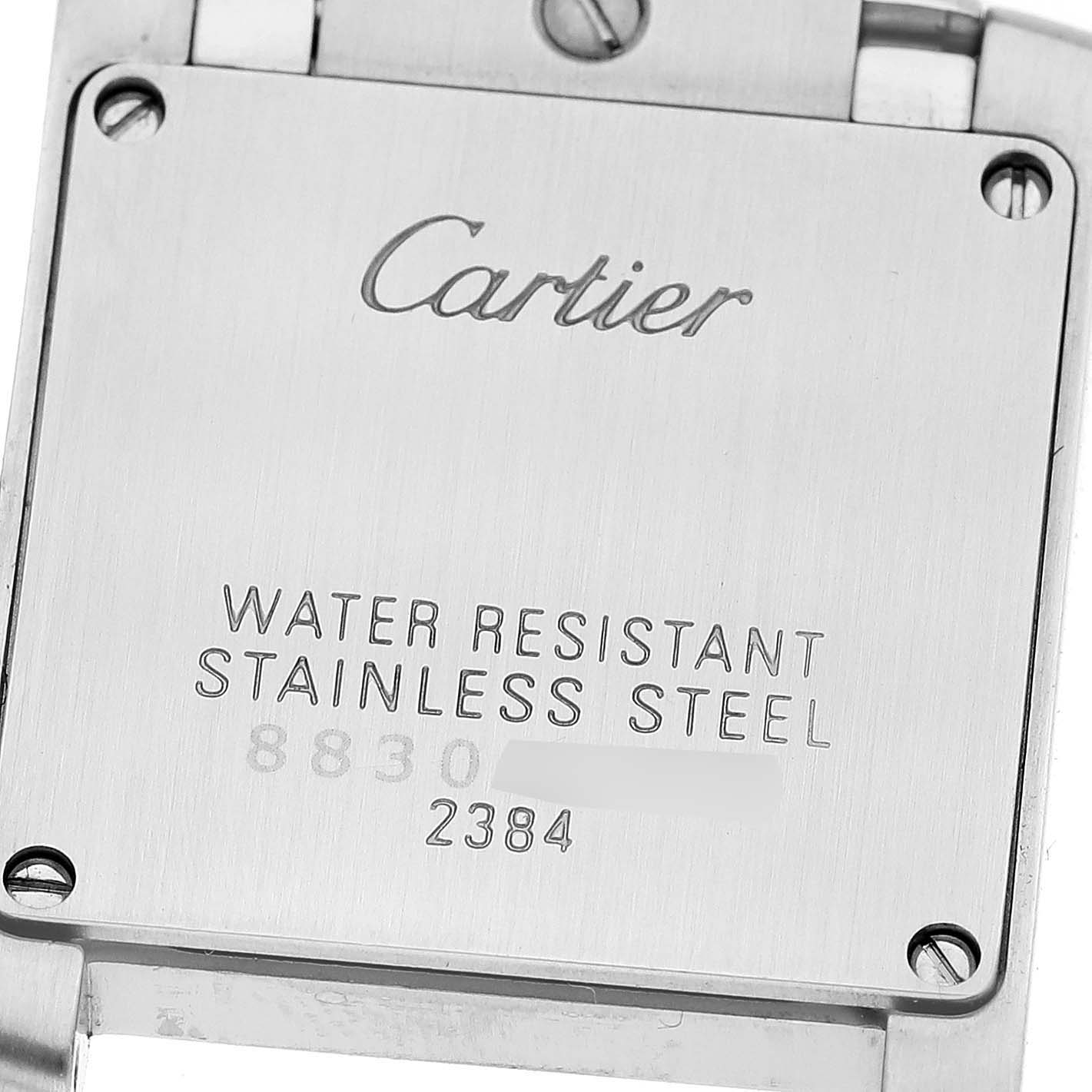 This image shows the back case of the Cartier Tank Francaise W51034Q3 Women's Stainless Steel Mother of Pearl Dial W51034Q3 Women's Stainless Steel Mother of Pearl Dial watch, highlighting details like water resistance and material.