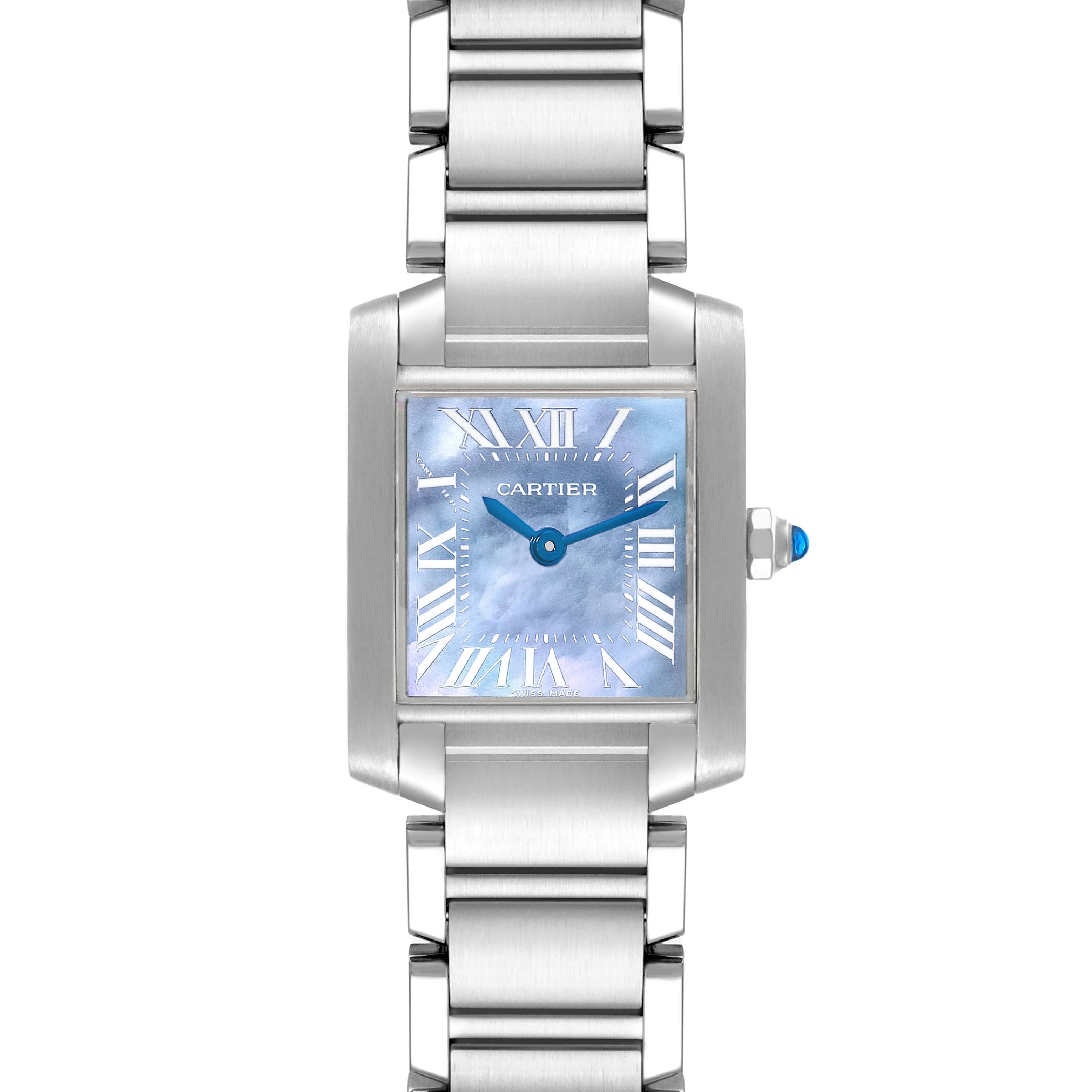 Front view of the Cartier Tank Francaise W51034Q3 Women's Stainless Steel Mother of Pearl Dial W51034Q3 Women's Stainless Steel Mother of Pearl Dial watch showing the face, hands, and part of the bracelet.