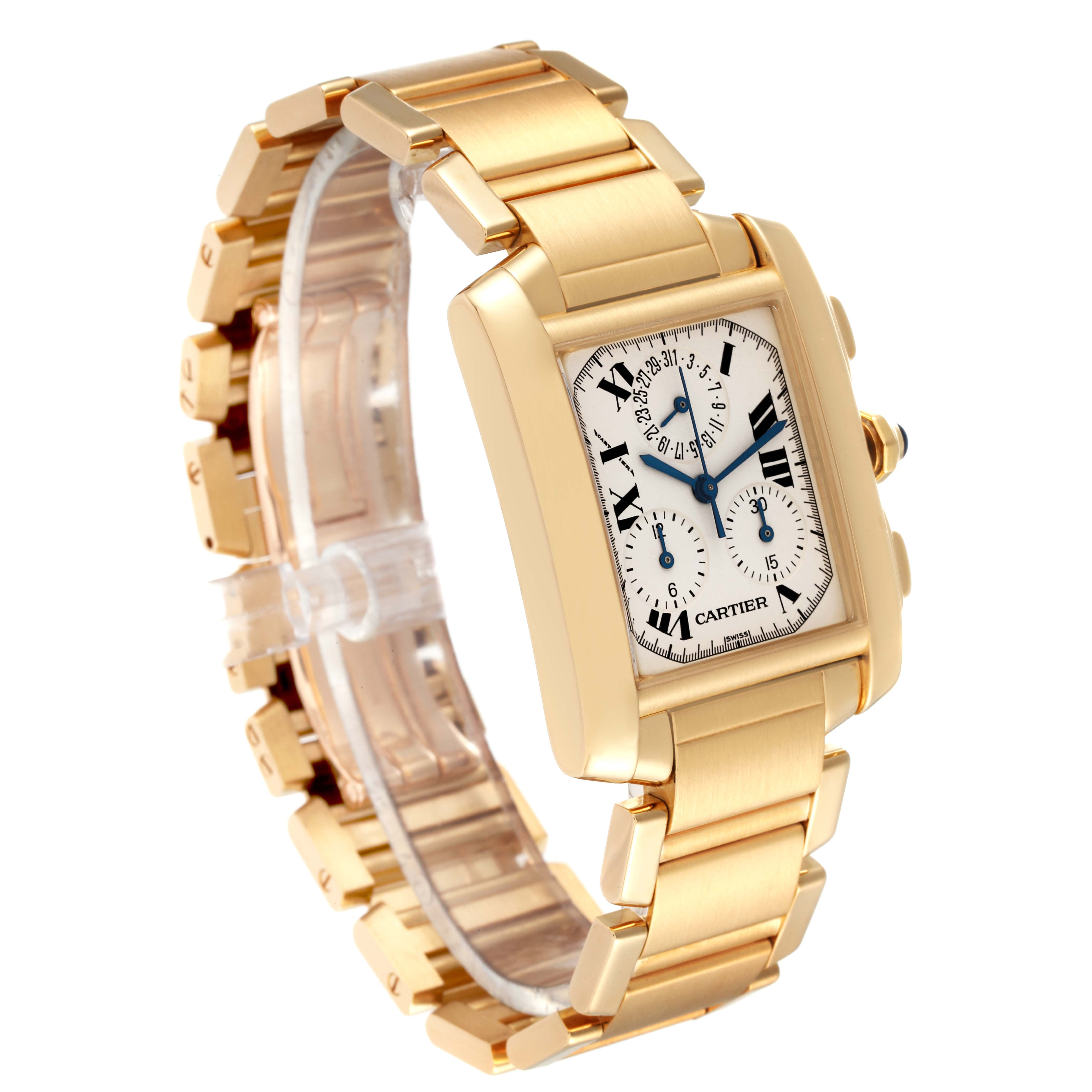 The watch is a Cartier Tank Francaise W50005R2 Men's Yellow Gold Silver Dial W50005R2 Men's Yellow Gold Silver Dial model shown at a three-quarter angle, displaying the case, dial, bracelet, and crown.