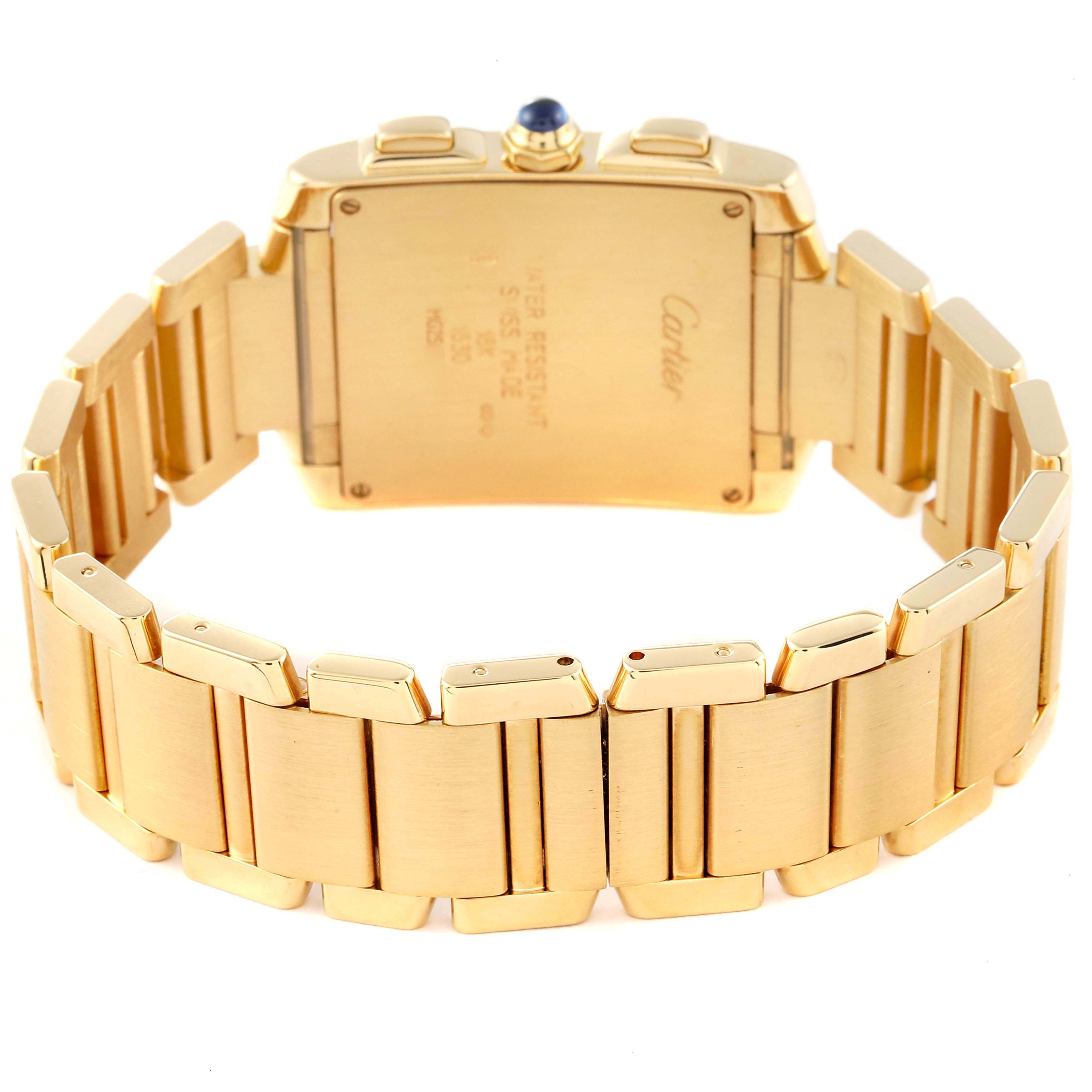 This image shows the back view of the Cartier Tank Francaise W50005R2 Men's Yellow Gold Silver Dial W50005R2 Men's Yellow Gold Silver Dial watch, highlighting the bracelet and case back.