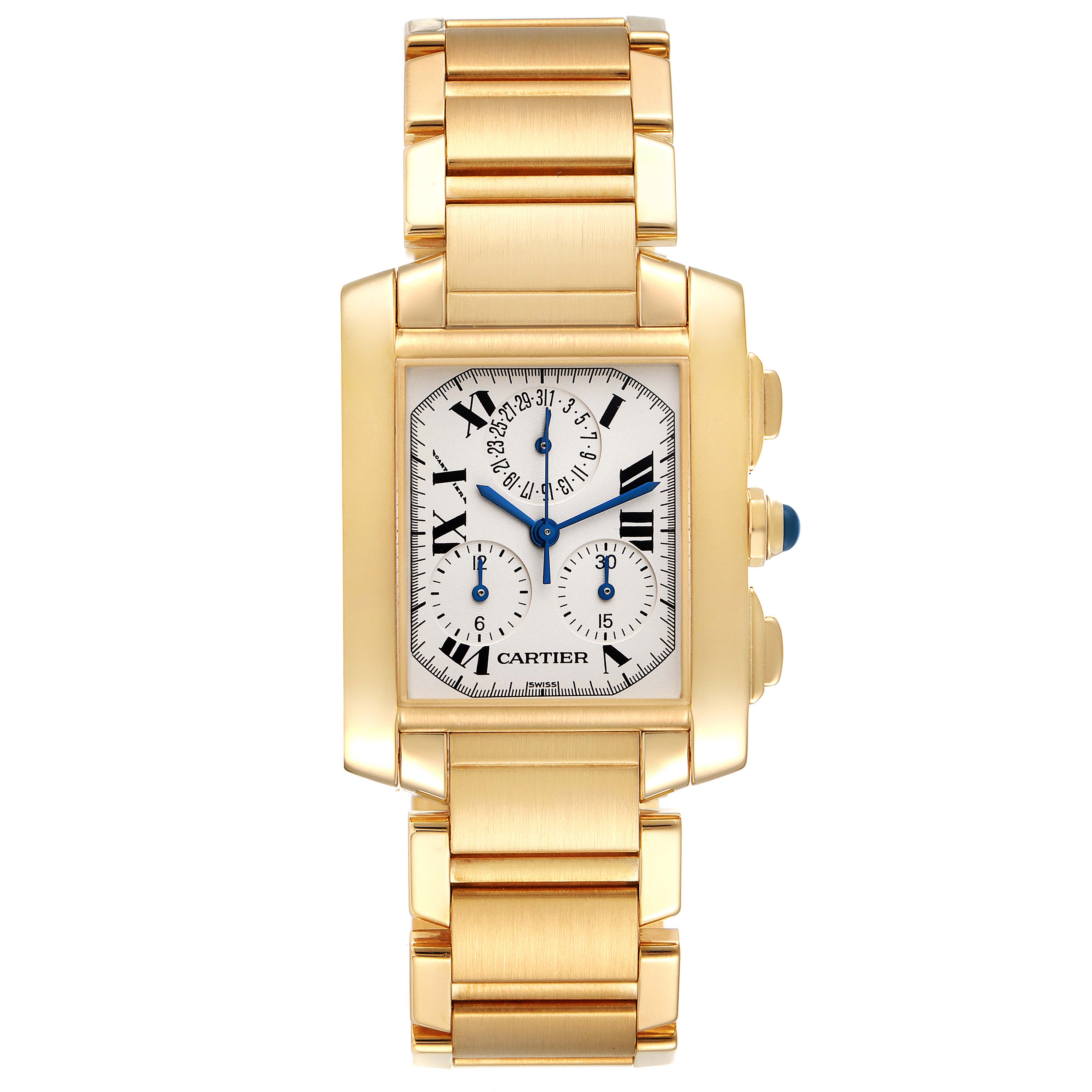 The image shows a front view of the Cartier Tank Francaise W50005R2 Men's Yellow Gold Silver Dial W50005R2 Men's Yellow Gold Silver Dial model watch, highlighting its golden bracelet and rectangular dial.