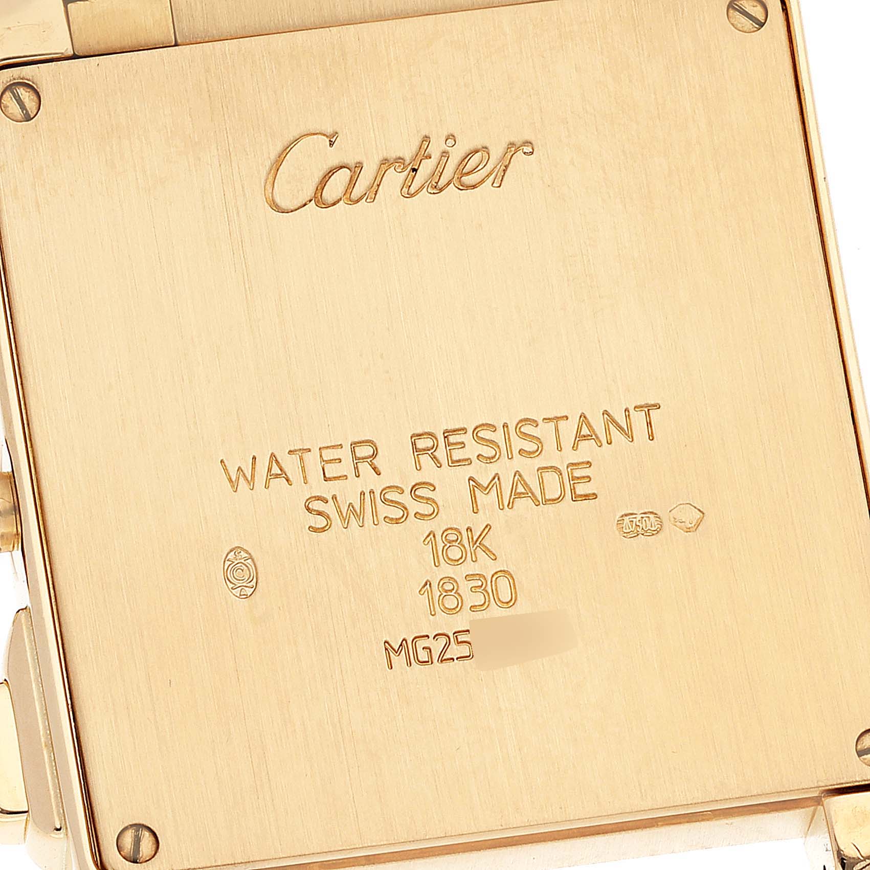 The image shows the back of a Cartier Tank Française watch, highlighting its engravings and Swiss-made status.