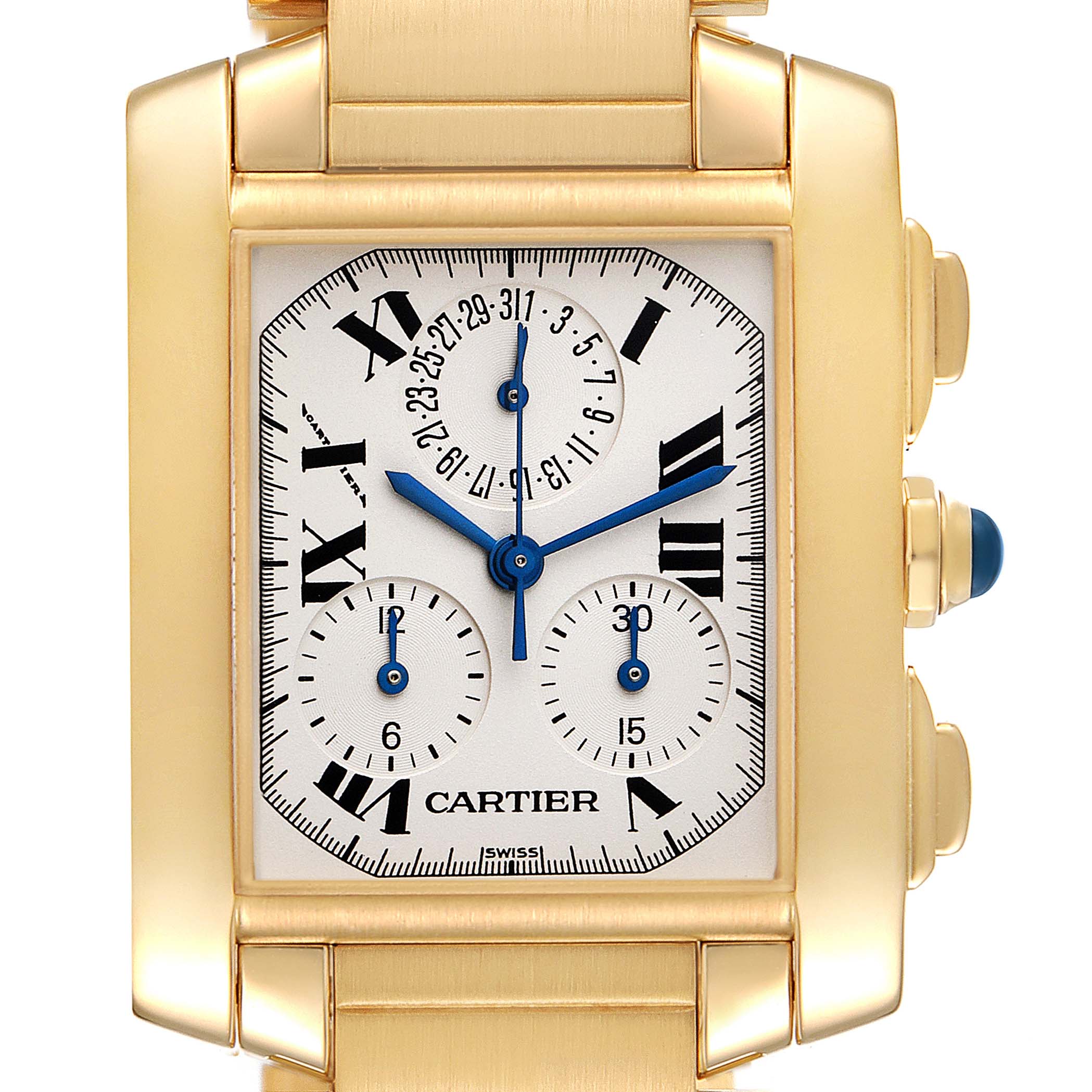 The image shows a frontal view of the Cartier Tank Francaise W50005R2 Men's Yellow Gold Silver Dial W50005R2 Men's Yellow Gold Silver Dial watch, displaying the dial, hands, and chronograph subdials.