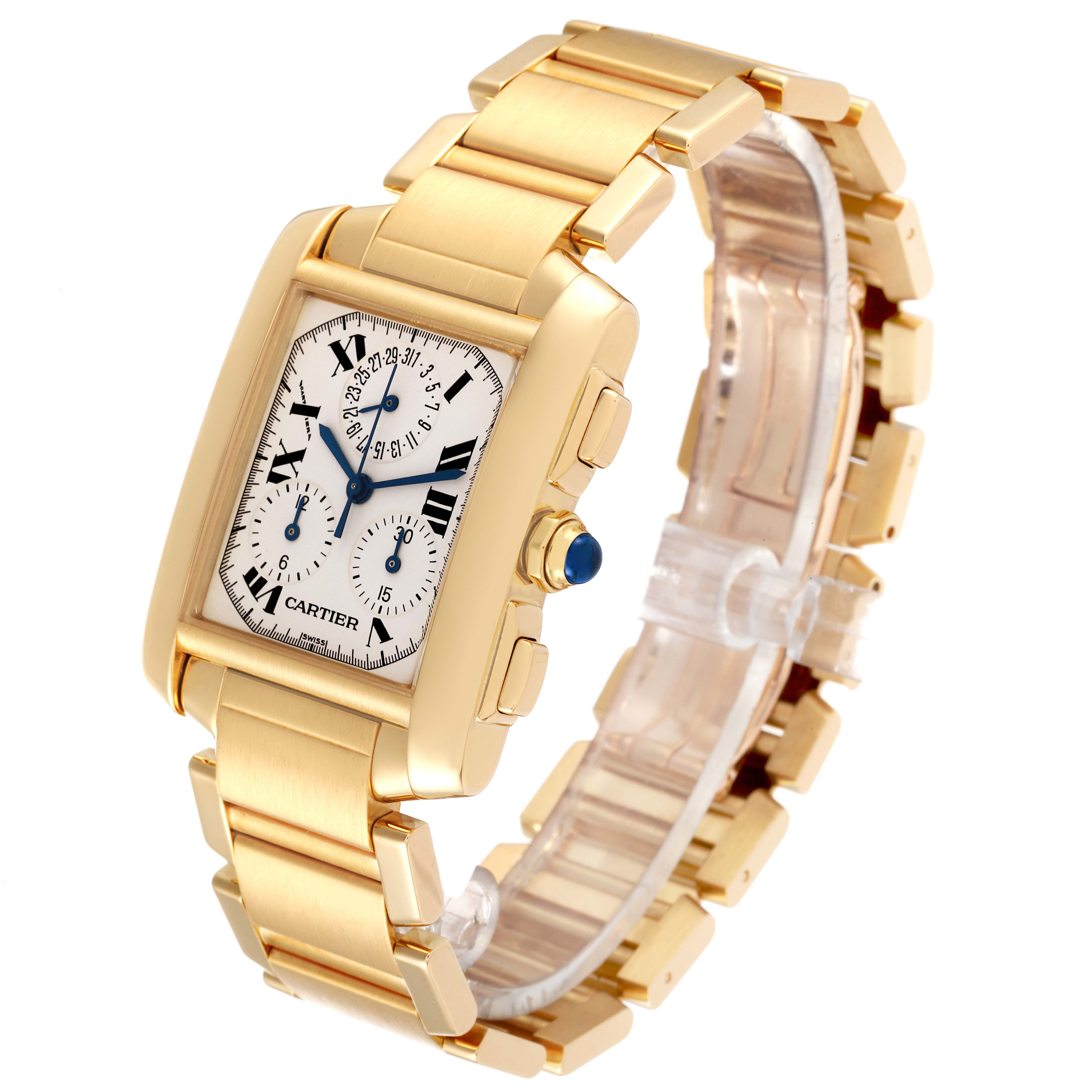 The image shows a side angle view of the Cartier Tank Française watch, highlighting its face, crown, and gold bracelet.