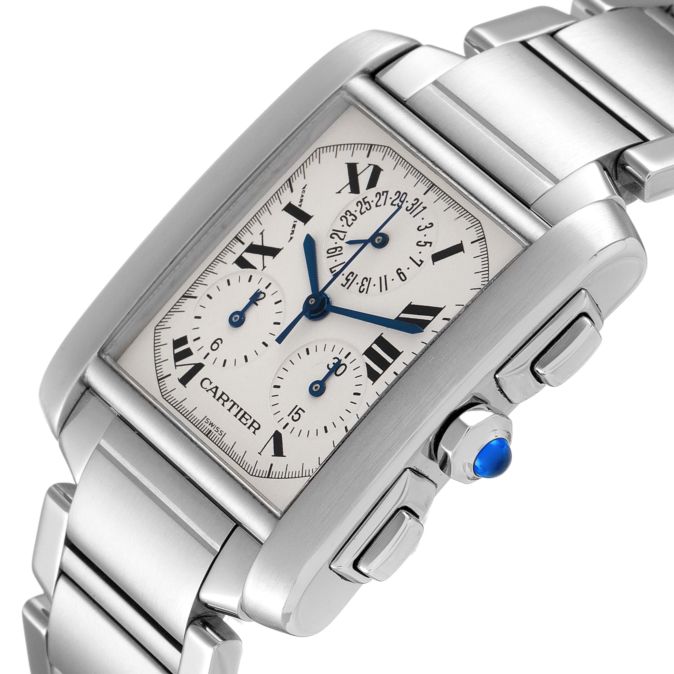 A Cartier Tank Francaise W51001Q3 Men's Stainless Steel Silver Dial W51001Q3 Men's Stainless Steel Silver Dial watch is shown at an angled view, highlighting the dial, crown, and part of the bracelet.