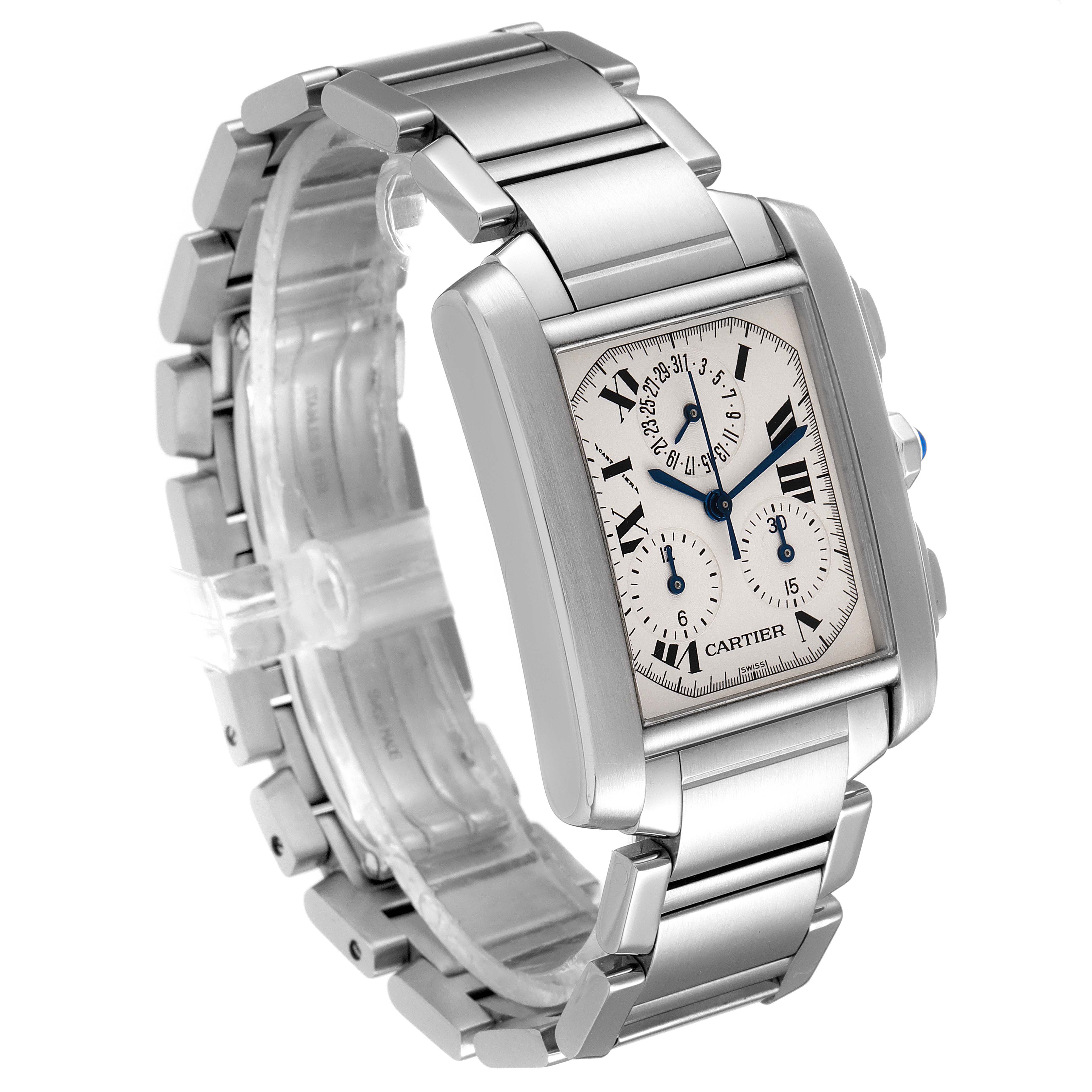 The image shows a Cartier Tank Francaise W51001Q3 Men's Stainless Steel Silver Dial W51001Q3 Men's Stainless Steel Silver Dial watch at a three-quarter angle, highlighting its face and stainless steel bracelet.