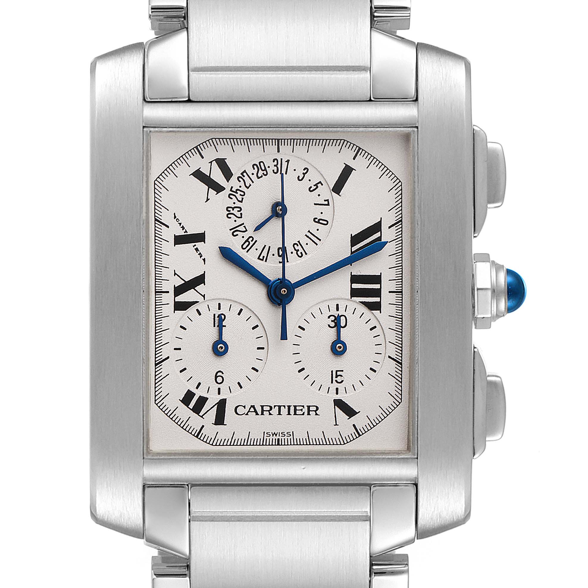 The image shows a front view of a Cartier Tank Française watch, displaying its dial and stainless steel bracelet.
