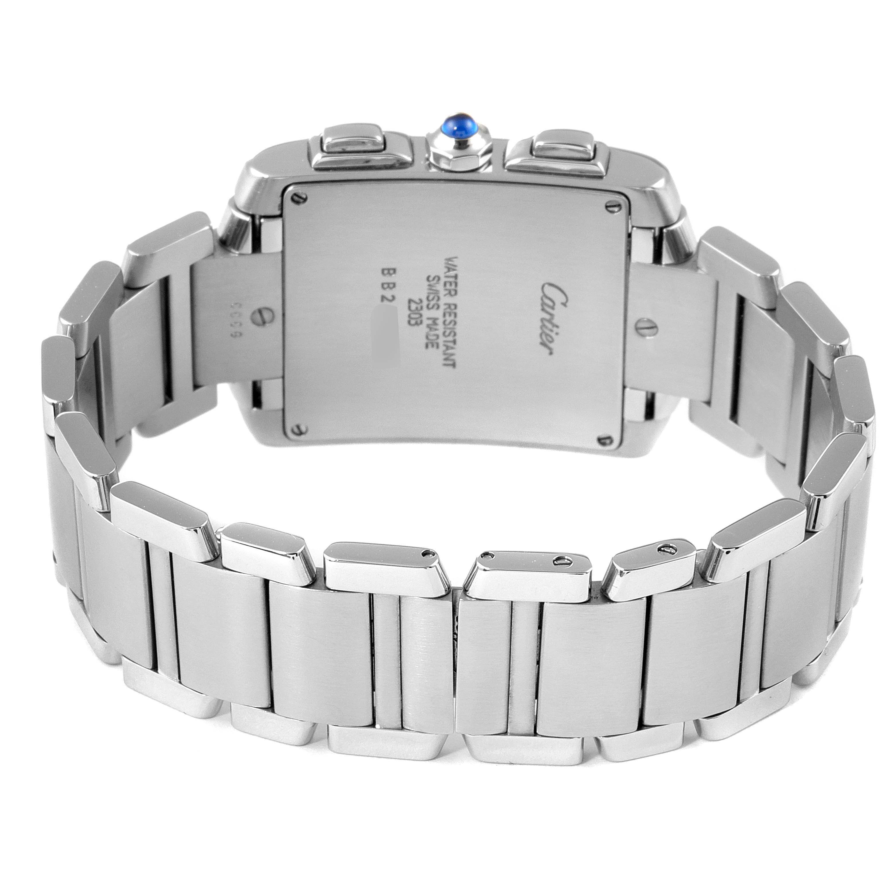 The image shows the back case and bracelet of a Cartier Tank Francaise W51001Q3 Men's Stainless Steel Silver Dial W51001Q3 Men's Stainless Steel Silver Dial watch from a rear angle.