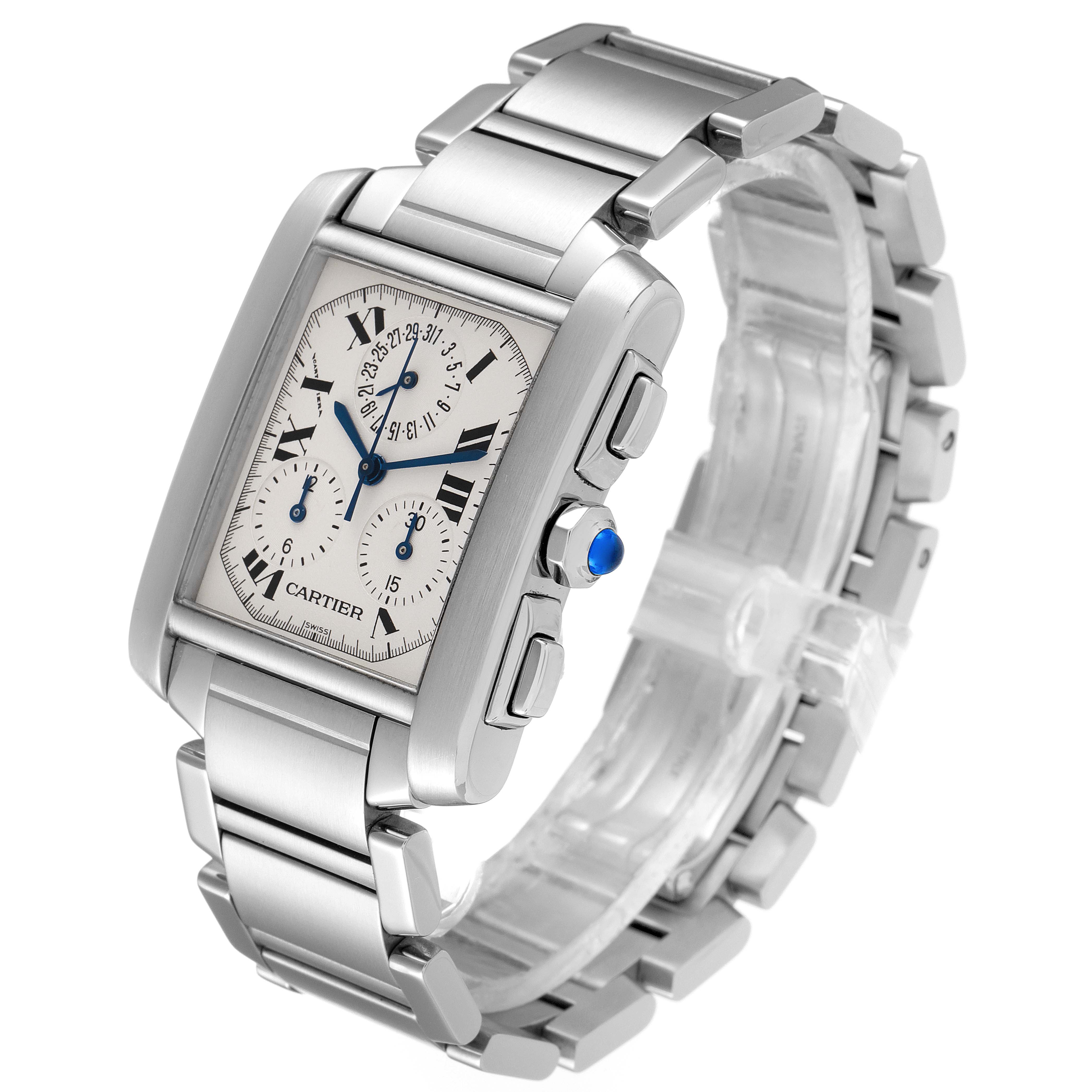 The Cartier Tank Francaise W51001Q3 Men's Stainless Steel Silver Dial W51001Q3 Men's Stainless Steel Silver Dial watch is shown at a three-quarter angle, displaying the face, bracelet, and side buttons.