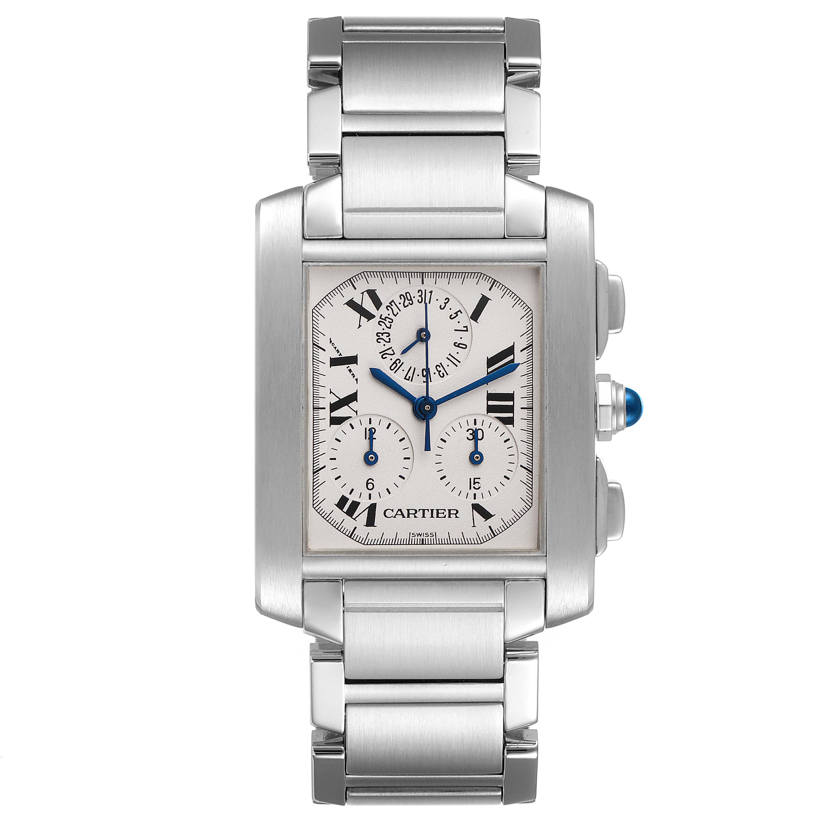 This image shows a front view of the Cartier Tank Française watch, highlighting its rectangular dial, metal bracelet, and side crown.