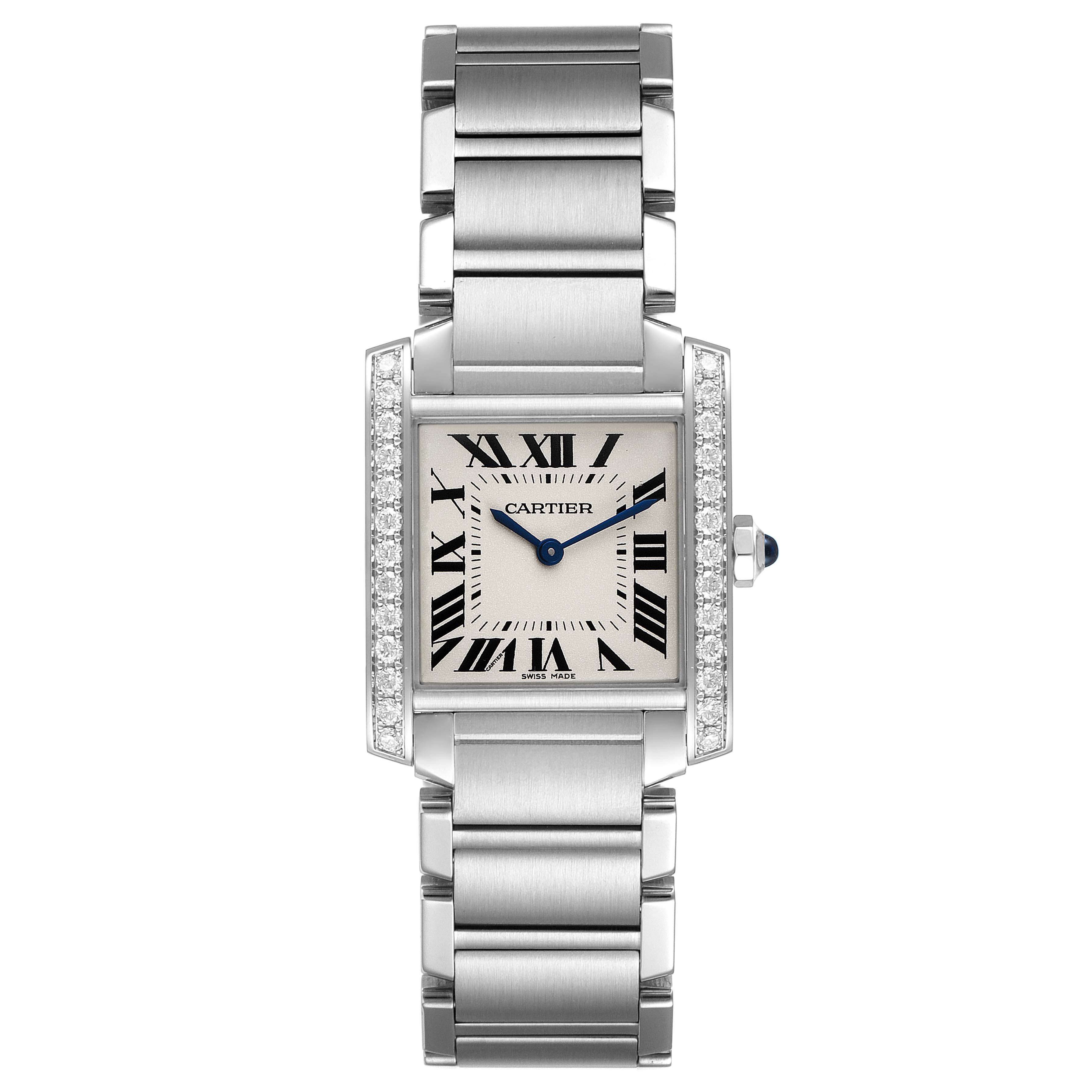 The image shows a Cartier Tank Francaise W4TA0009 Women
s Stainless Steel Silver Dial W4TA0009 Women
s Stainless Steel Silver Dial watch from a front angle, highlighting the face, bracelet, and side crown.
