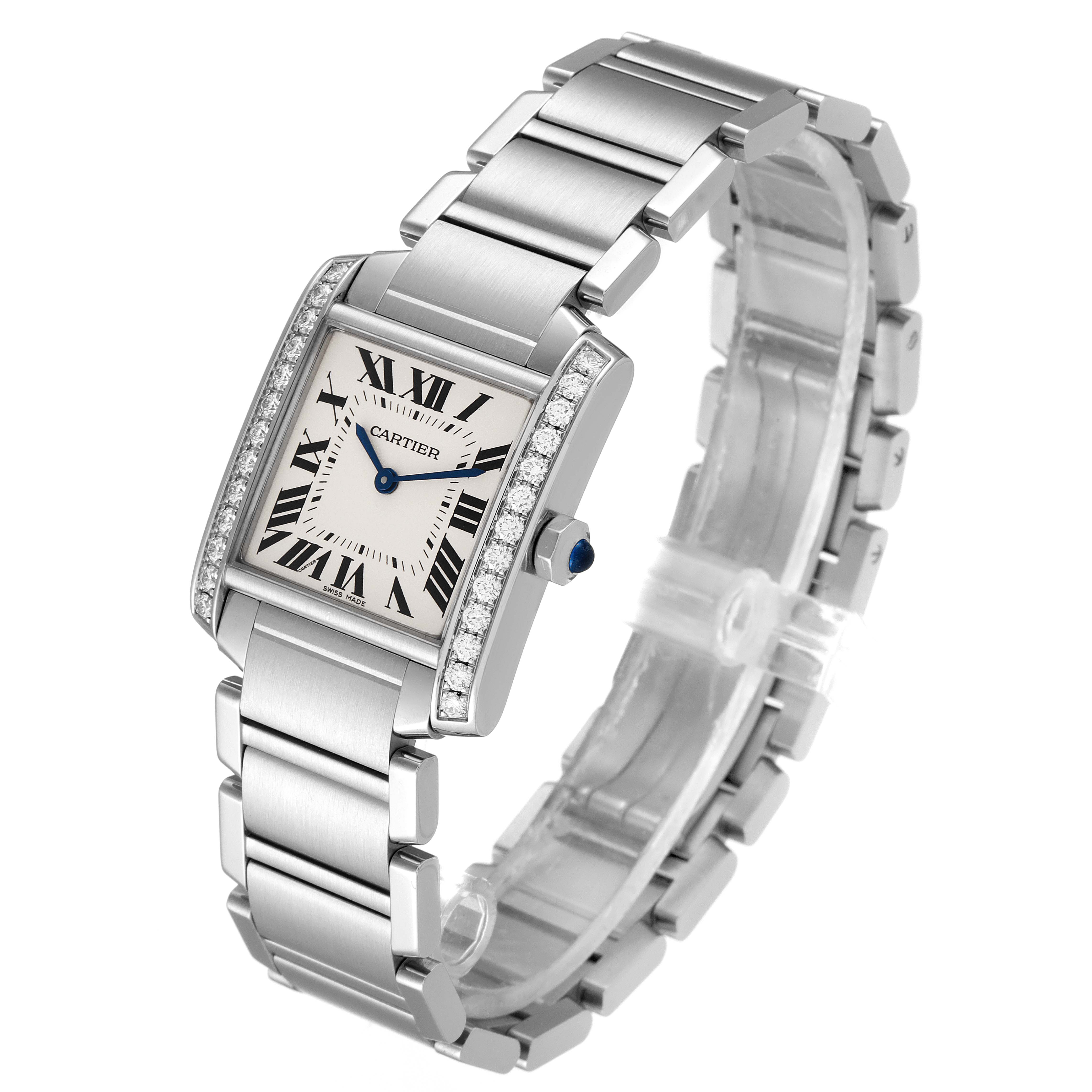 This image shows a front-angle view of the Cartier Tank Francaise W4TA0009 Women
s Stainless Steel Silver Dial W4TA0009 Women
s Stainless Steel Silver Dial model watch, highlighting its face, bracelet, and side detailing.