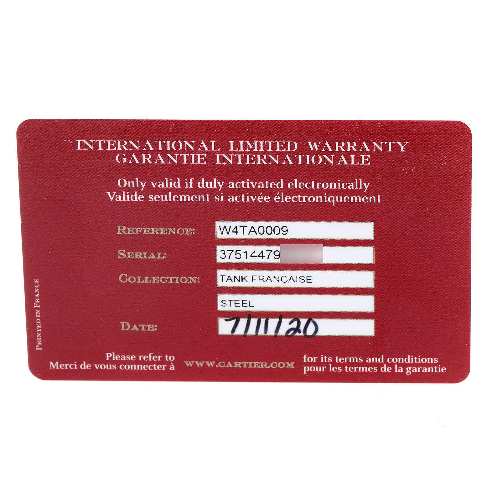This image shows a Cartier International Limited Warranty card for a Tank Francaise watch model in steel.