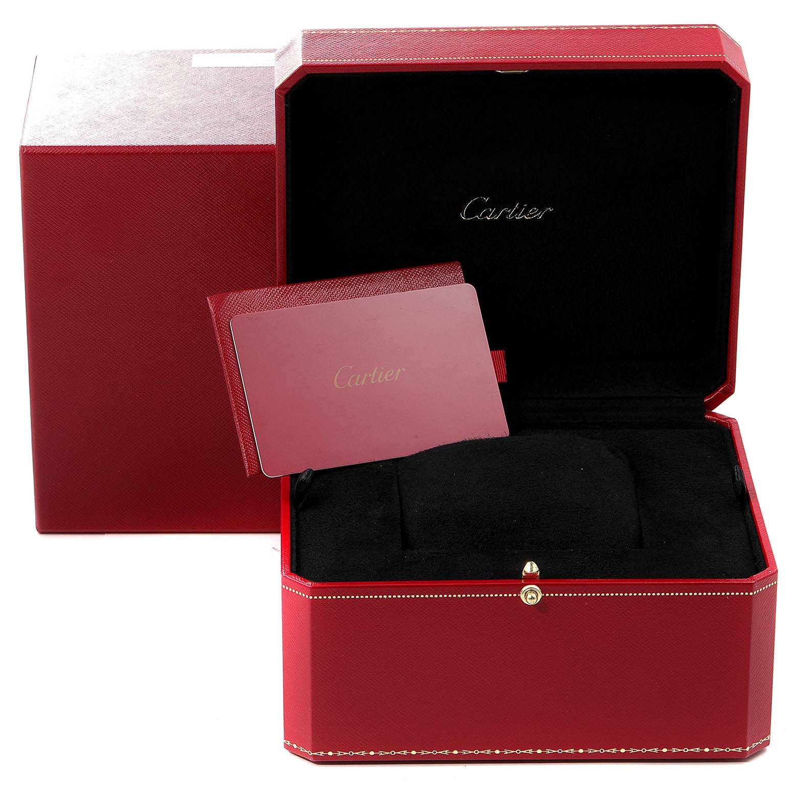 This image displays the open presentation box and certificate holder for a Cartier Tank Francaise W4TA0009 Women
s Stainless Steel Silver Dial W4TA0009 Women
s Stainless Steel Silver Dial watch.