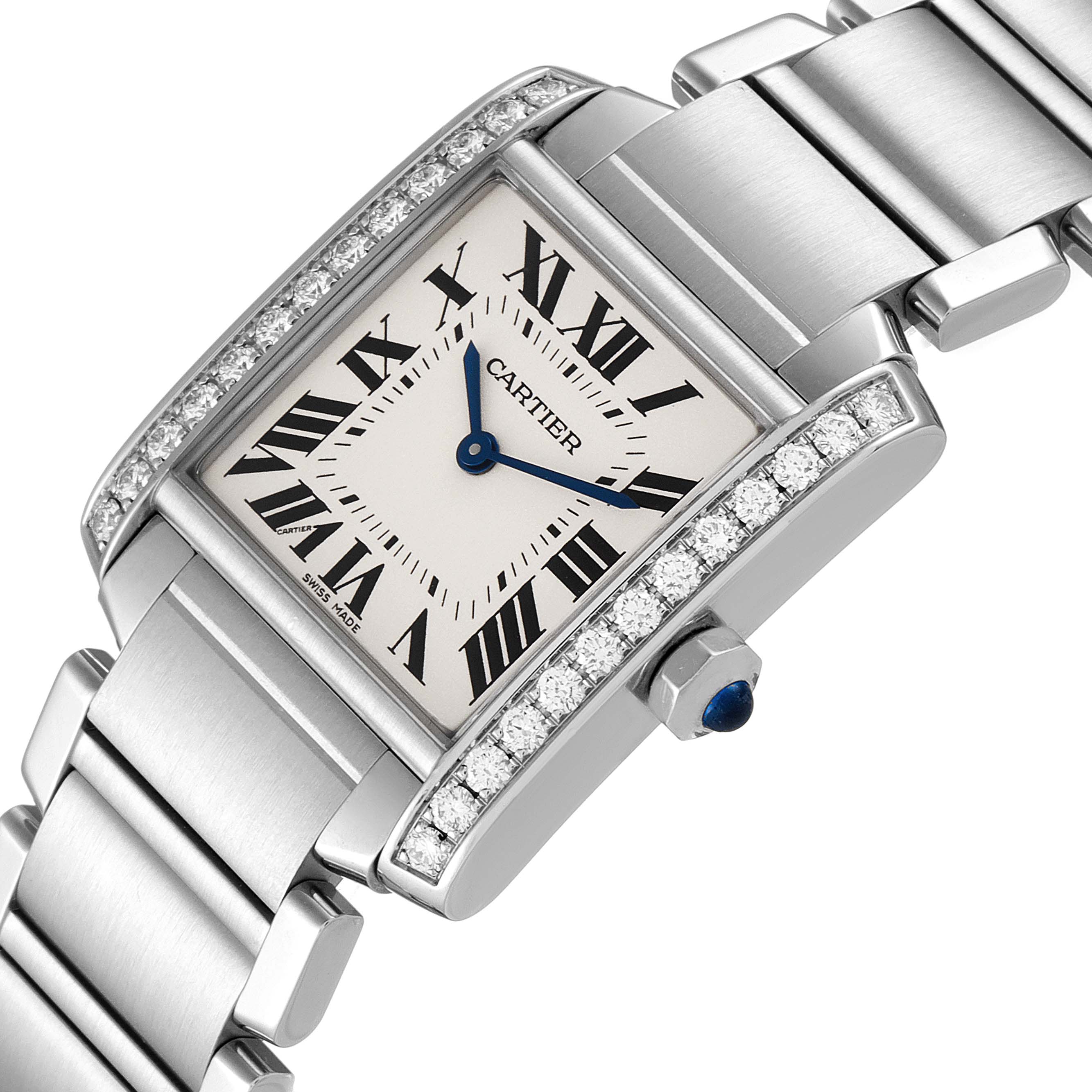 The image shows a close-up angle of the Cartier Tank Francaise W4TA0009 Women
s Stainless Steel Silver Dial W4TA0009 Women
s Stainless Steel Silver Dial watch face, bezel with diamonds, and part of the bracelet.