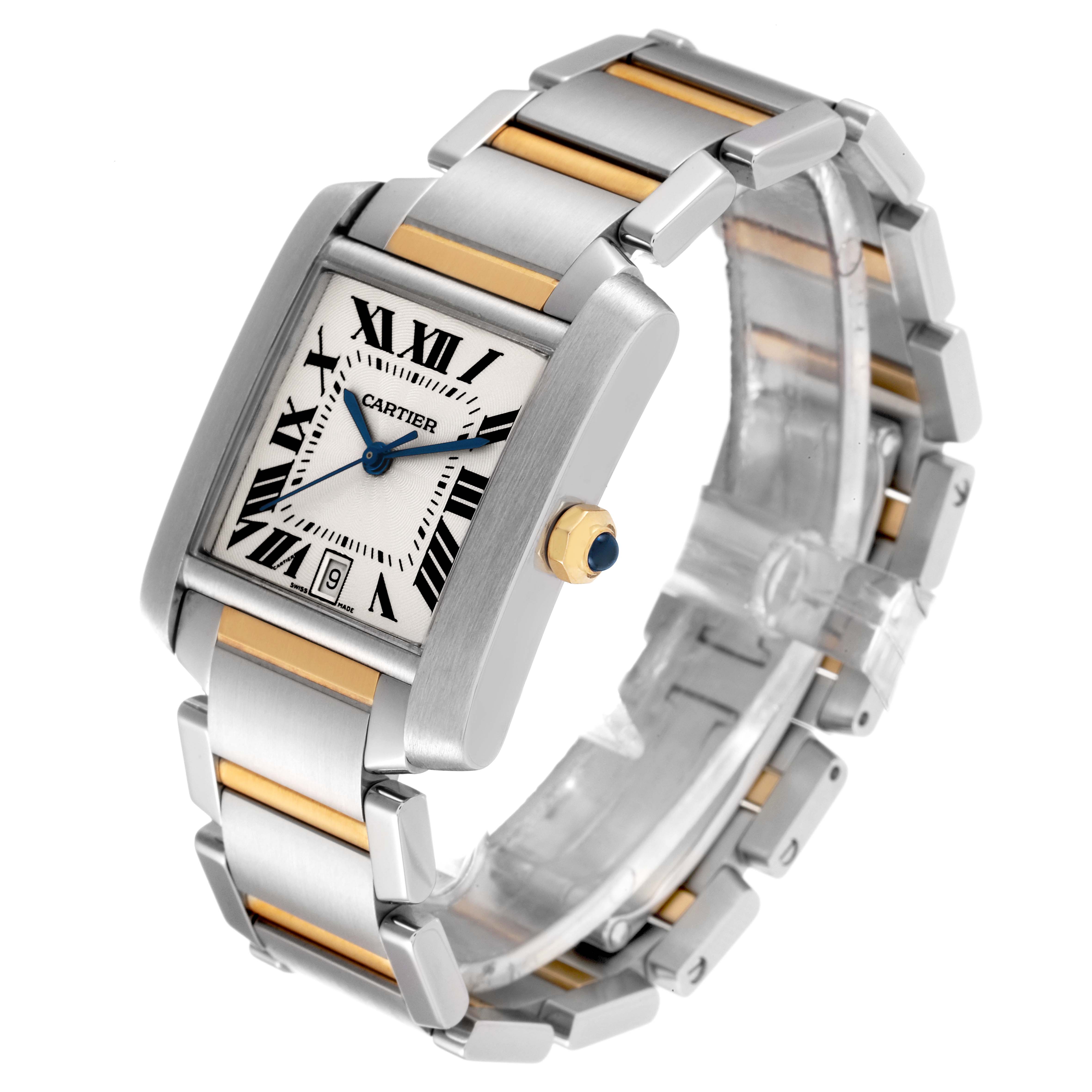 This image shows a Cartier Tank Francaise W51005Q4 Men's Steel and Gold (two tone) Silver Dial W51005Q4 Men's Steel and Gold (two tone) Silver Dial watch angled to display its face, crown, and two-tone bracelet.